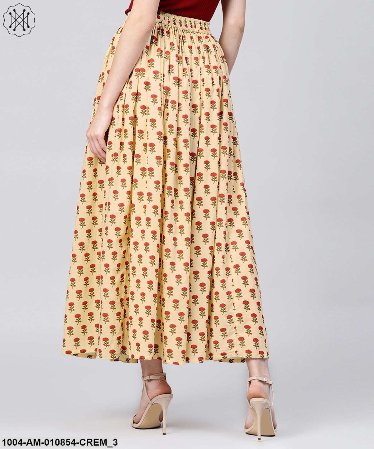 Women Cream-Coloured & Red Printed Maxi Flared Skirt - Image 3