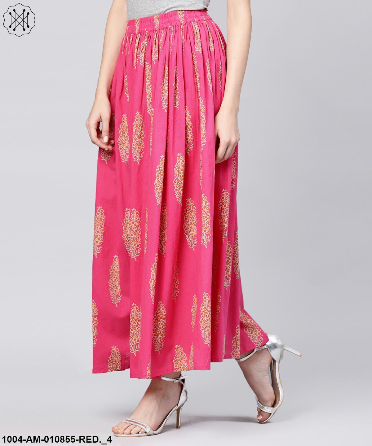 Red Printed Cotton Ankle Length Flared Skirt - Image 4