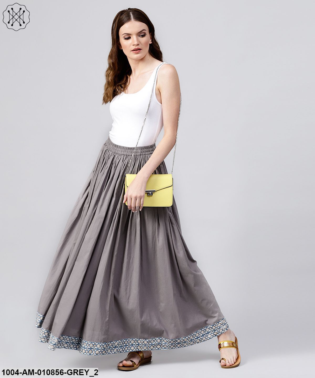 Grey Cotton Ankle Length Flared Skirt - Image 2