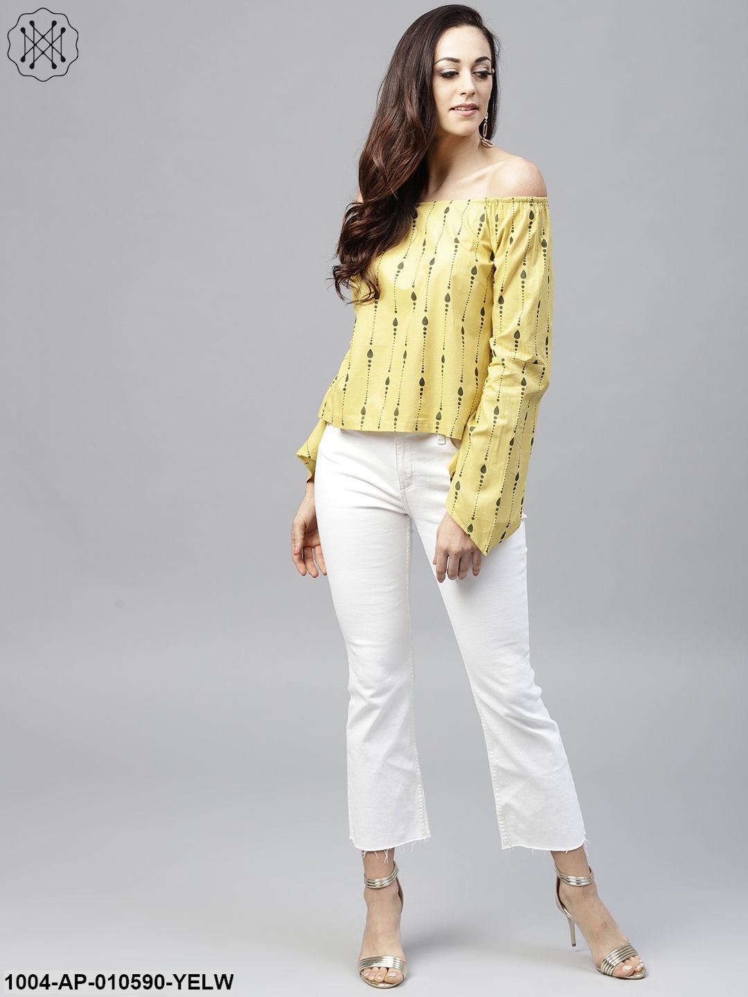 Yellow Off Shoulder Full Sleeve Cotton Top - Image 2