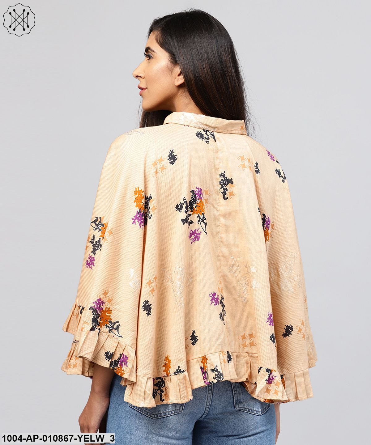 Yellow Front Open Banglori Printed Poncho Tops - Image 3
