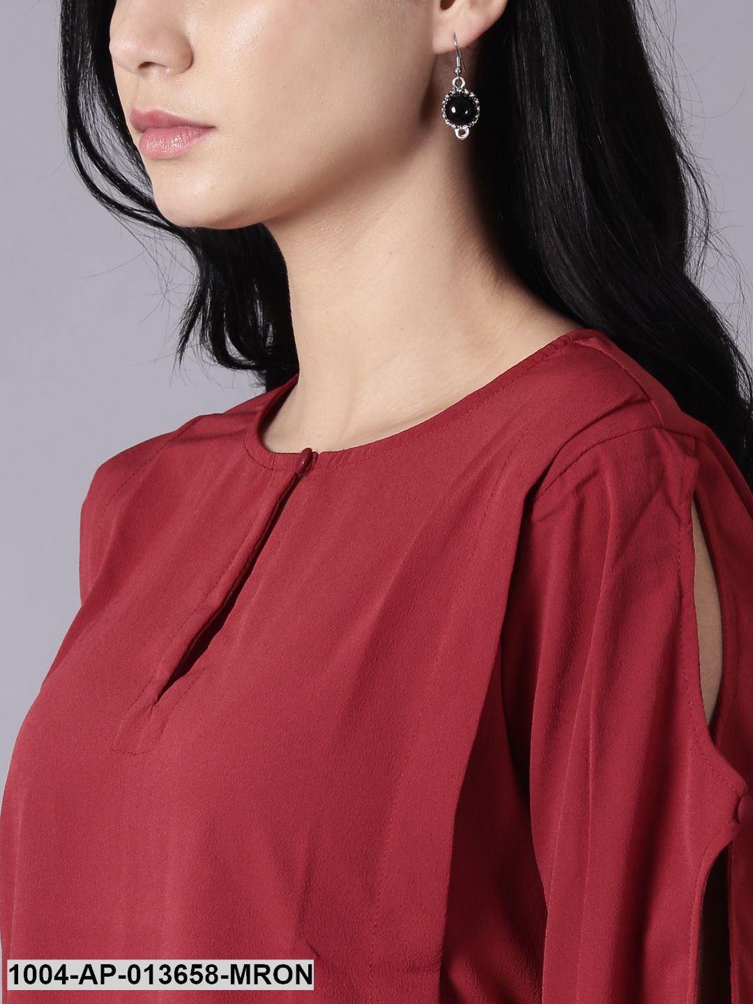 maroon Casual Solid Keyhole Neck Top - Image 5