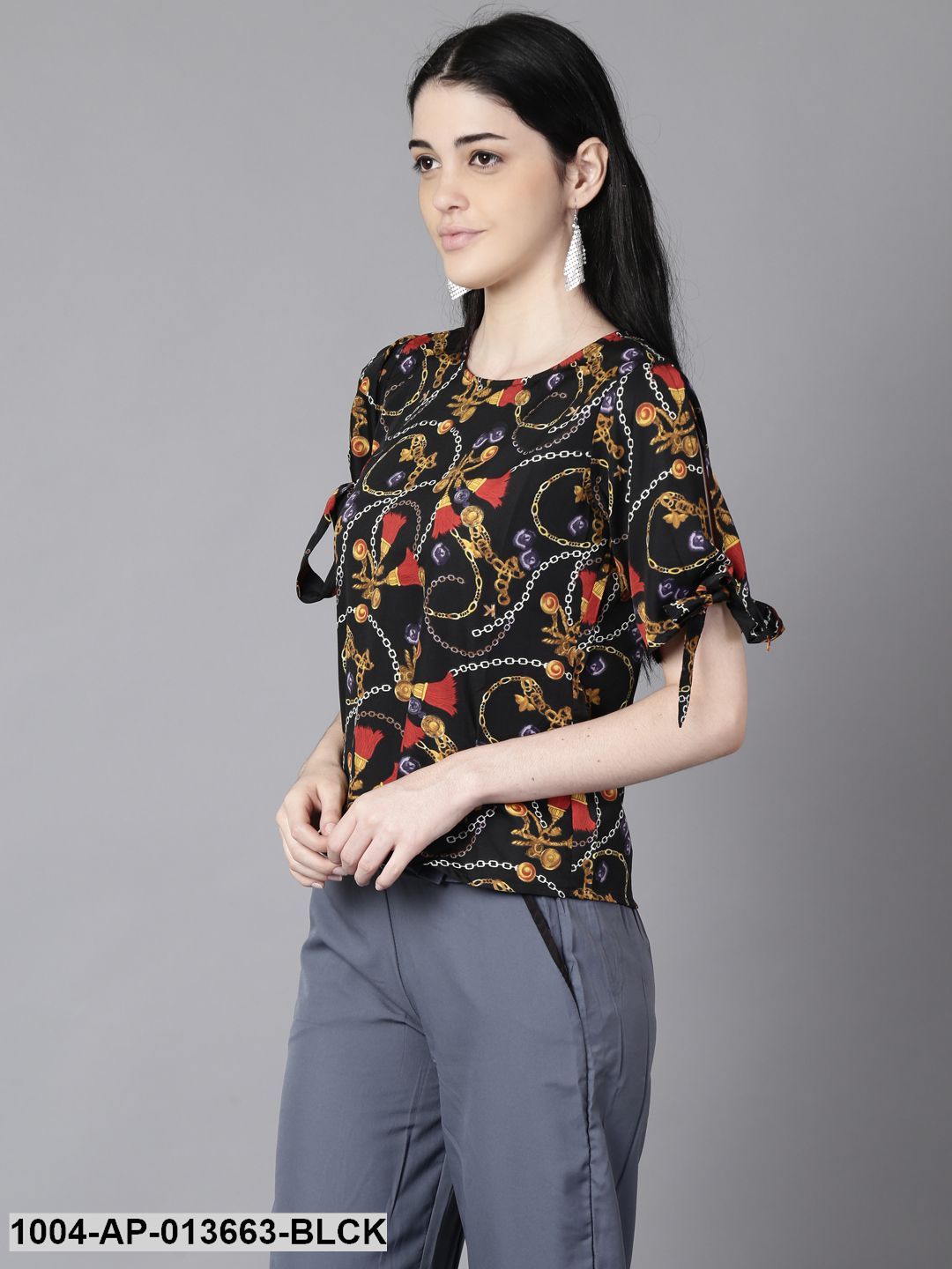 Black Casual Printed Round Neck Top - Image 3