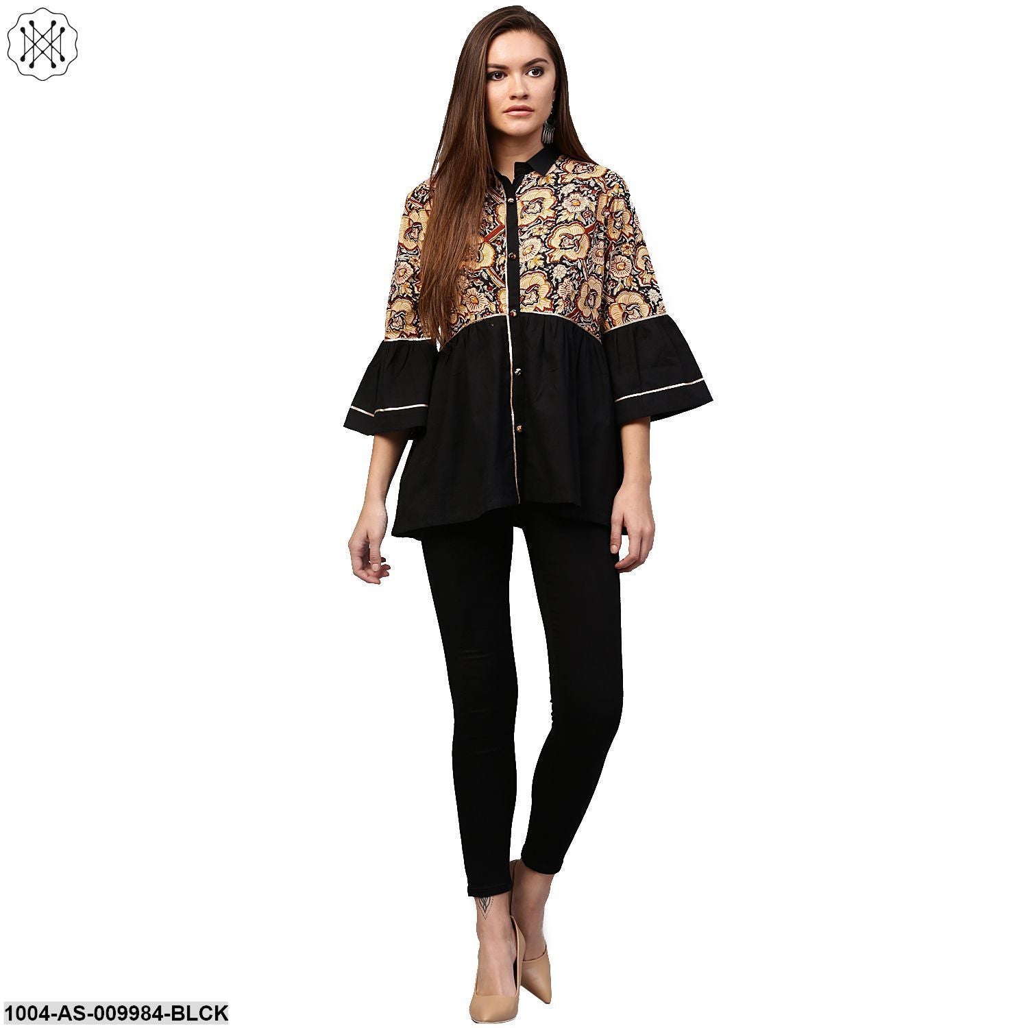 Black Printed 3/4Th Sleeve Cotton Flared Tunic - Image 4