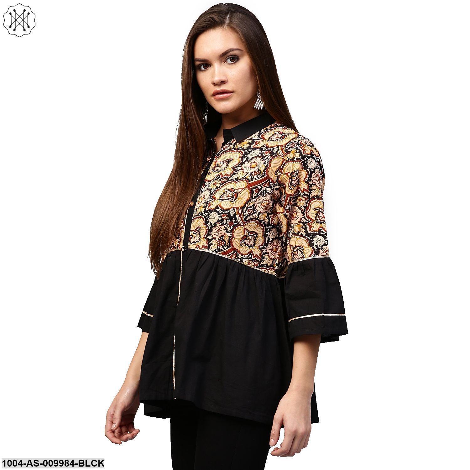 Black Printed 3/4Th Sleeve Cotton Flared Tunic - Image 3