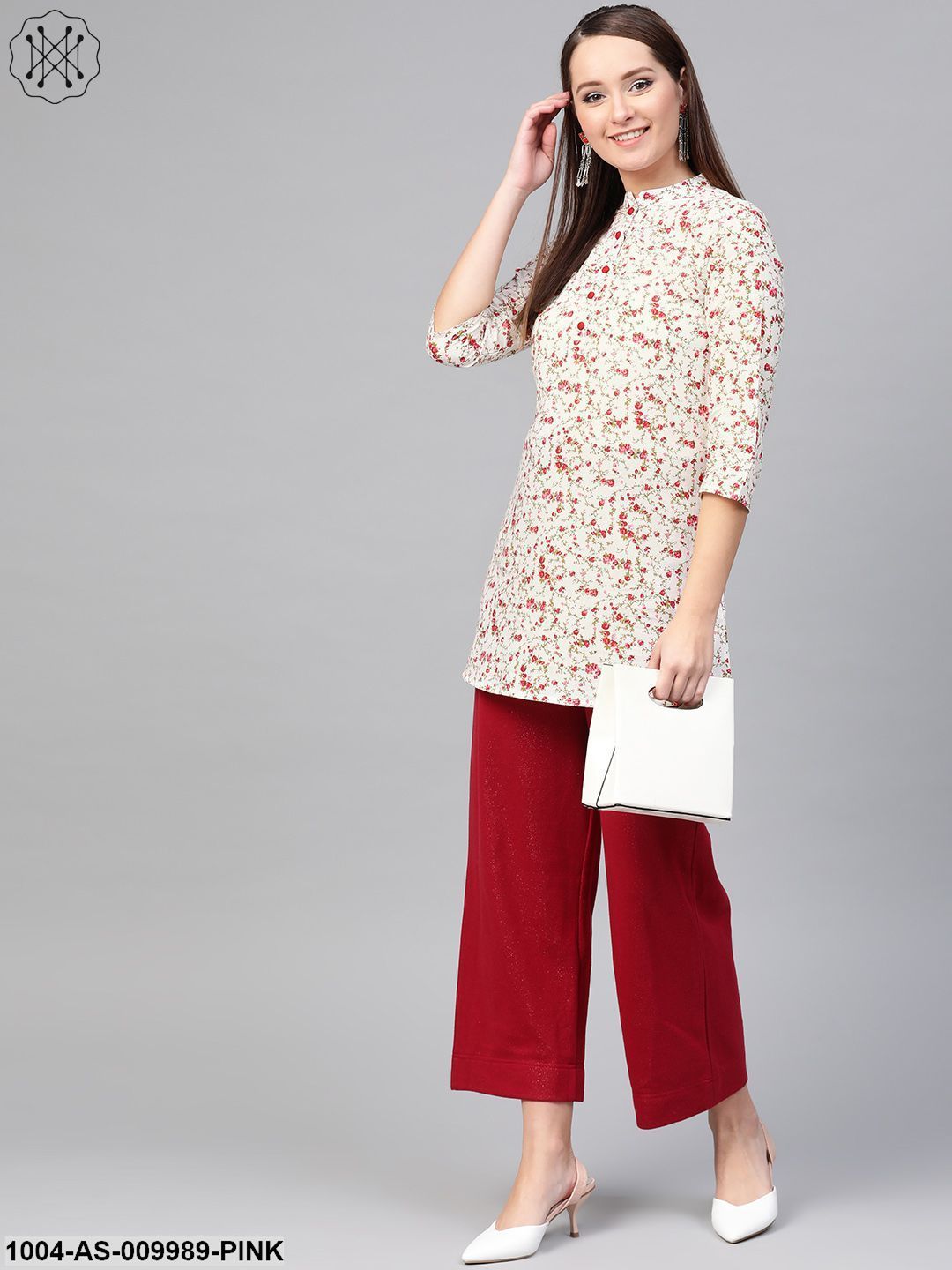 Women White & Pink Cotton Printed Mandarin Collar Tunic - Image 4