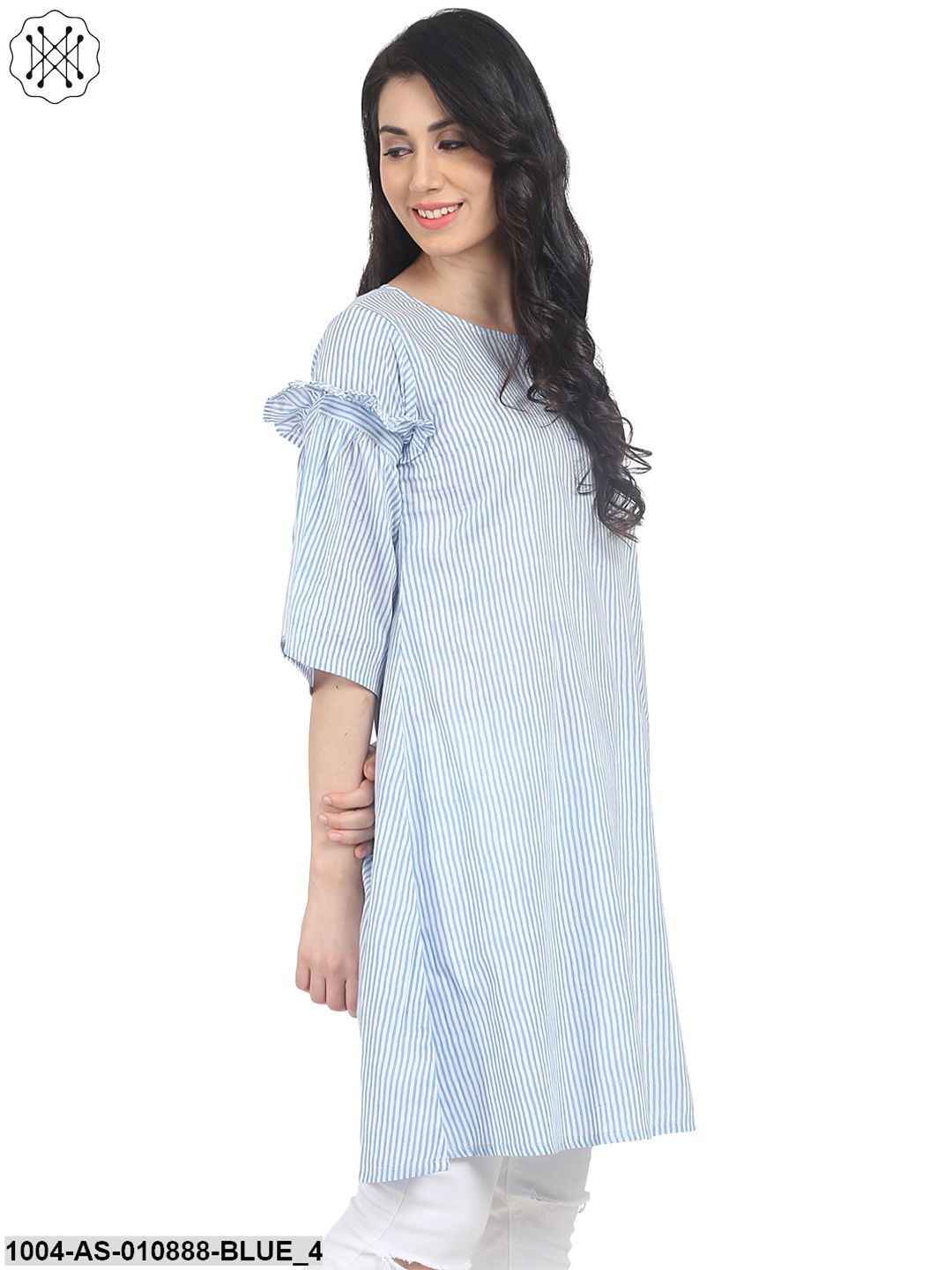 Blue Striped Half Sleeve Cotton Tunic - Image 4