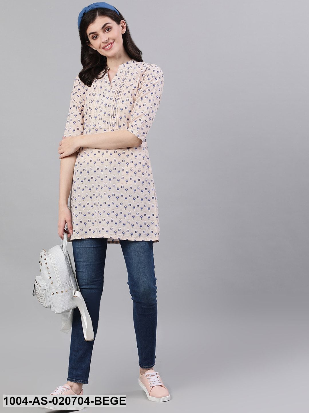 Beige & Blue Printed Tunic - Image 4