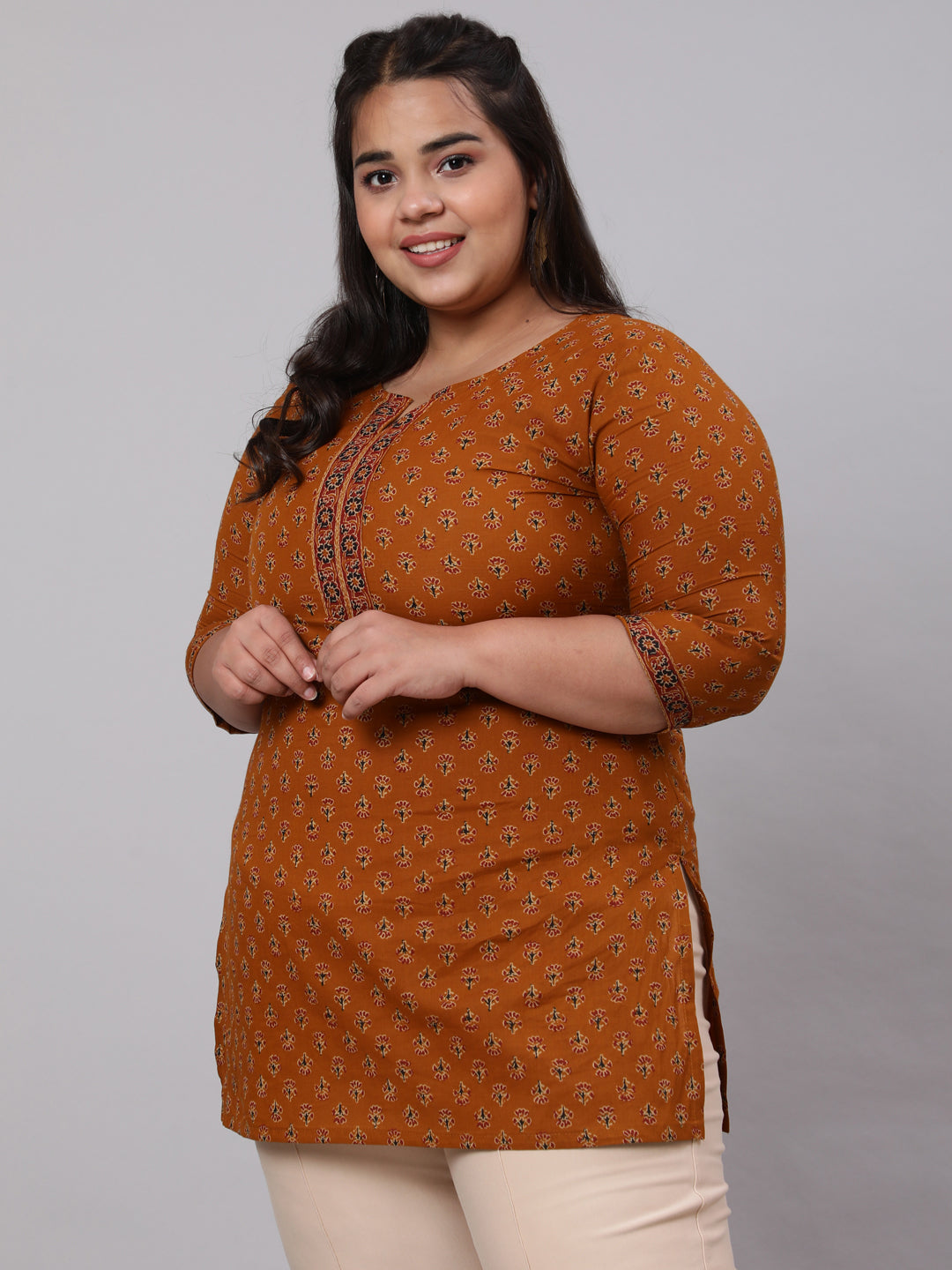 Plus Size Mustard Ethnic Tunic With Three Quarter Sleeves - Image 2