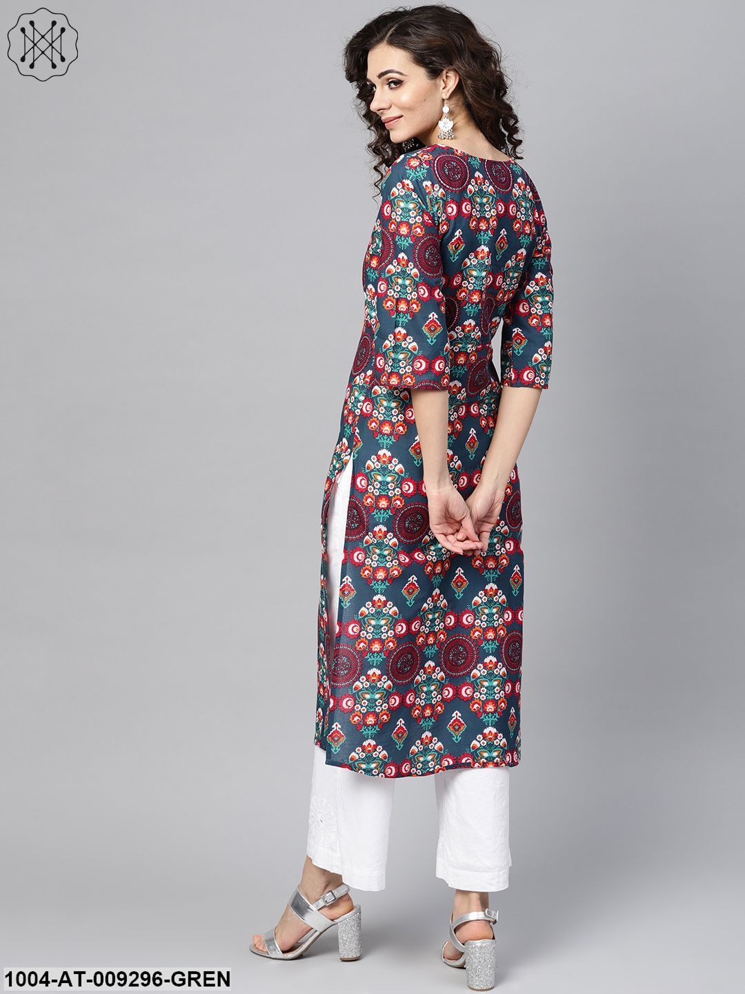 Turquoise Multi-Colored Staright Kurta With Round Neck V Slit & 3/4 Sleeves - Image 3