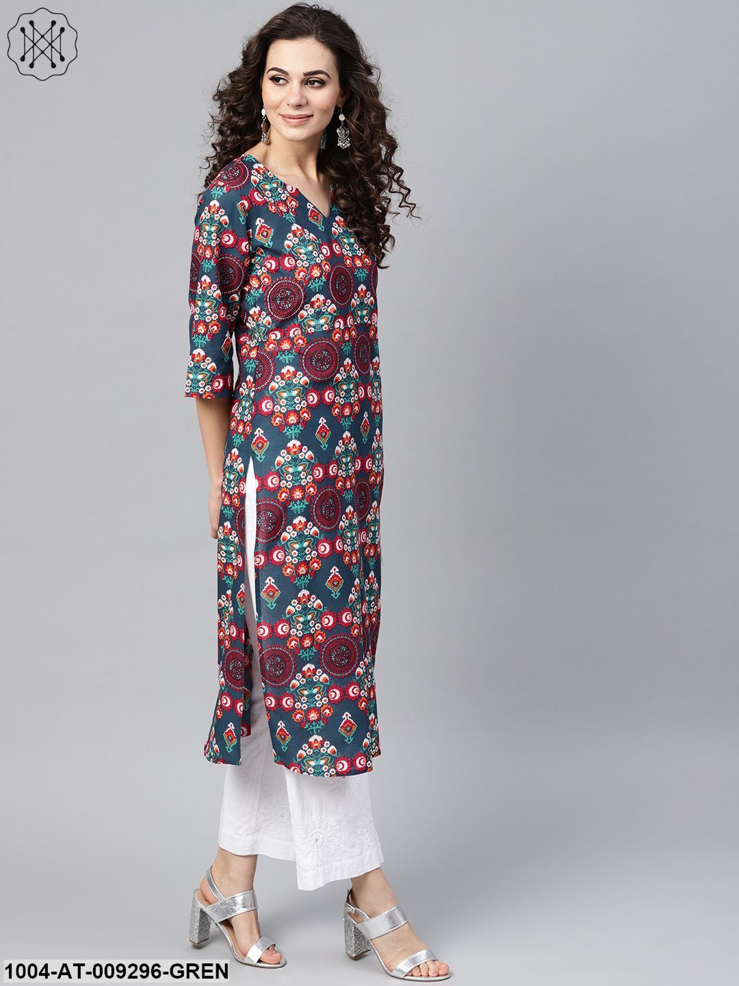Turquoise Multi-Colored Staright Kurta With Round Neck V Slit & 3/4 Sleeves - Image 2