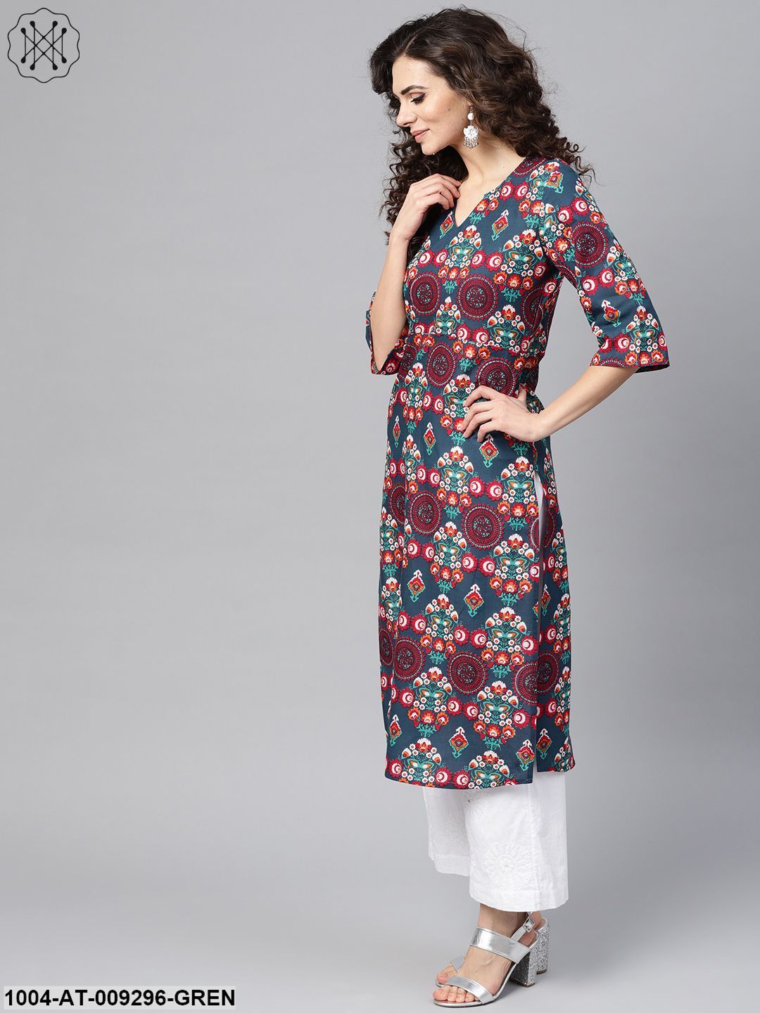 Turquoise Multi-Colored Staright Kurta With Round Neck V Slit & 3/4 Sleeves - Image 4