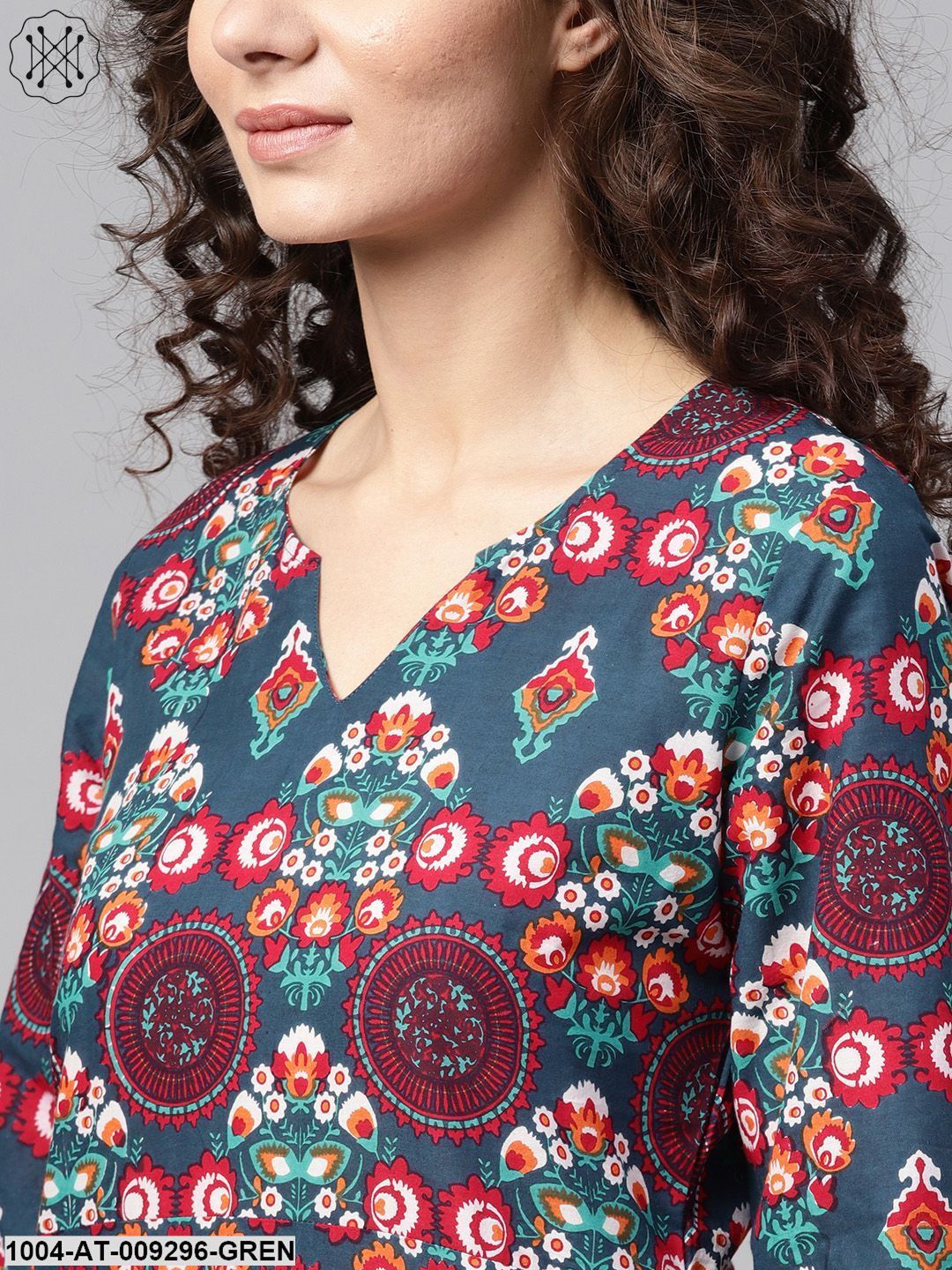 Turquoise Multi-Colored Staright Kurta With Round Neck V Slit & 3/4 Sleeves - Image 5