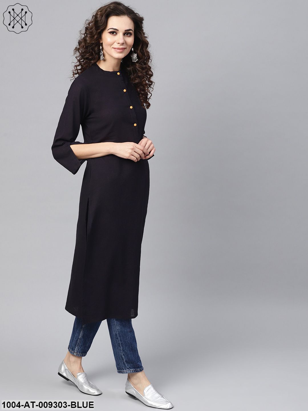 Navy Blue Straight Kurta With Mandarin Collar & Front Placket - Image 2