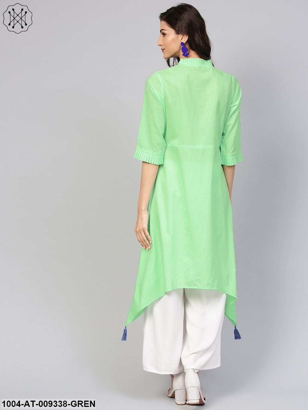 Cotton Pastel Mint Green Handkerchief Kurta With Pleated High Neck & 3/4 Sleeves - Image 3