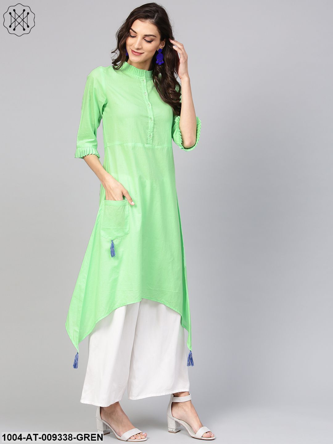 Cotton Pastel Mint Green Handkerchief Kurta With Pleated High Neck & 3/4 Sleeves - Image 2