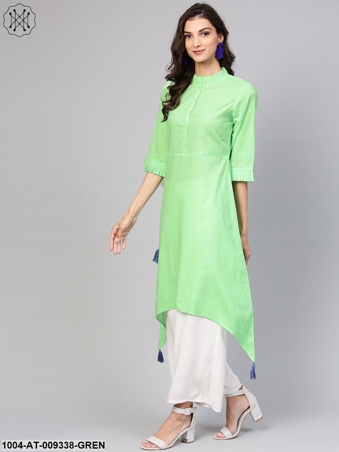 Cotton Pastel Mint Green Handkerchief Kurta With Pleated High Neck & 3/4 Sleeves - Image 4