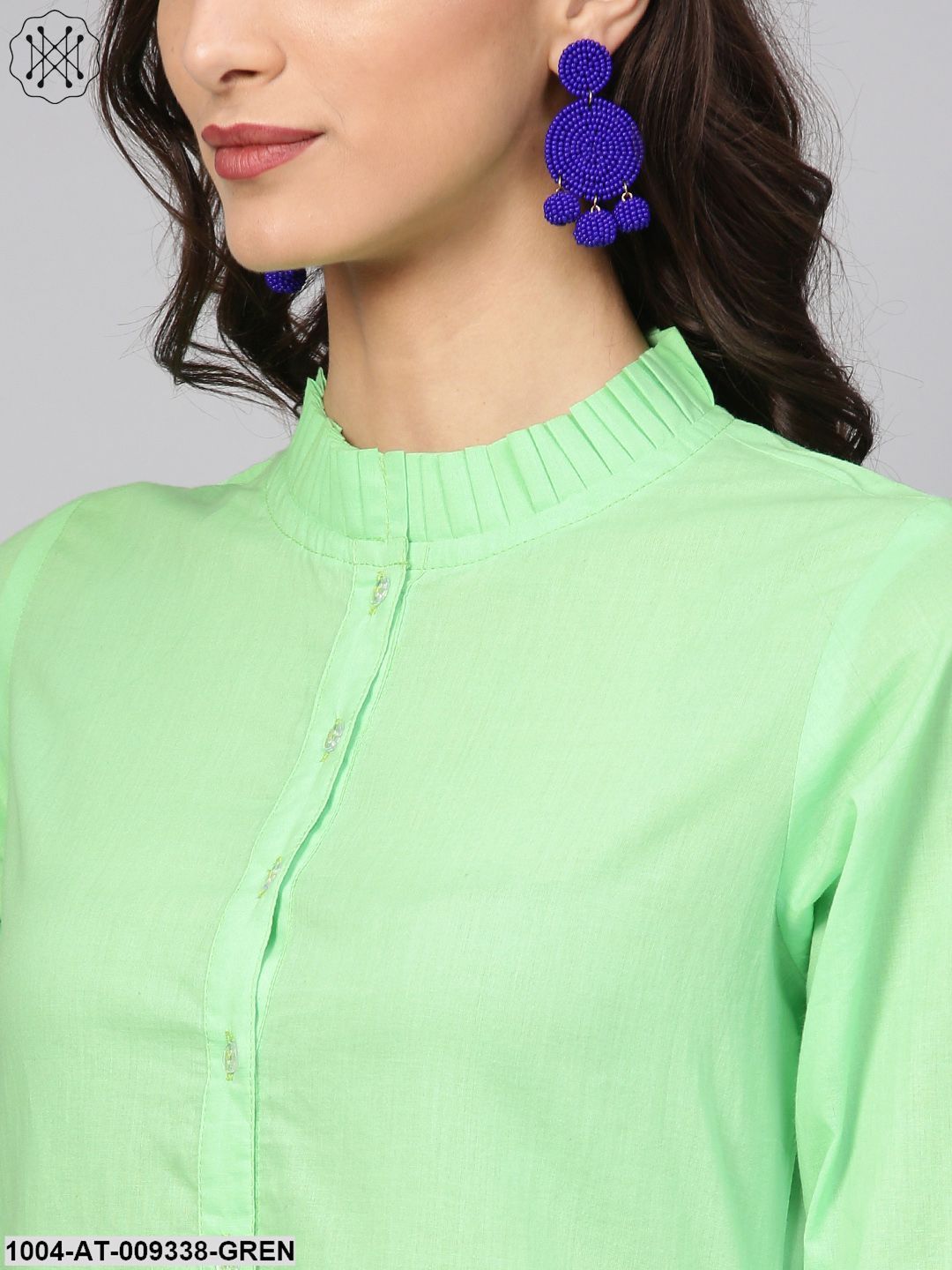 Cotton Pastel Mint Green Handkerchief Kurta With Pleated High Neck & 3/4 Sleeves - Image 5