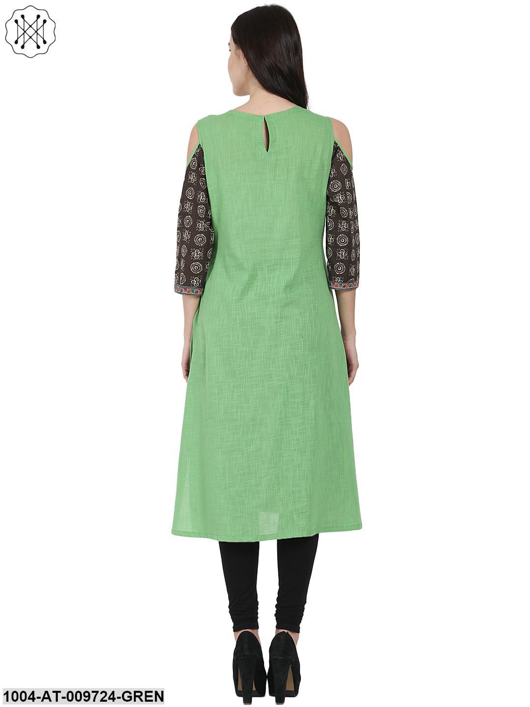 Green Printed 3/4Th Sleeve Cotton A-Line Kurta - Image 3