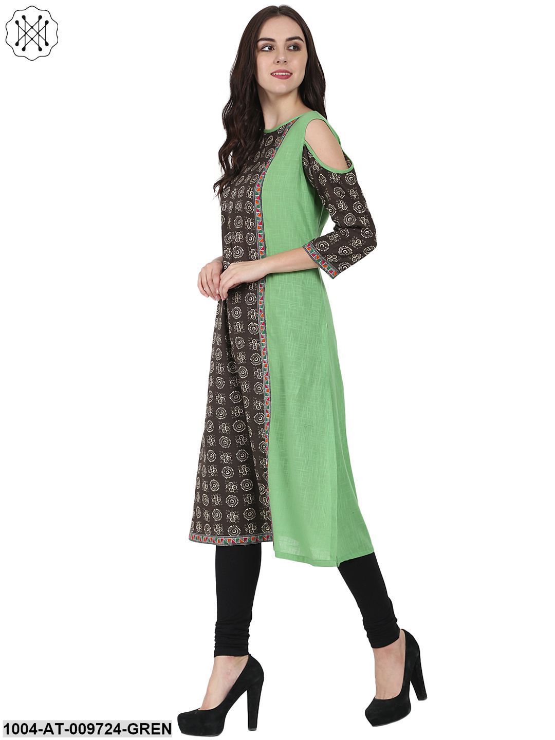 Green Printed 3/4Th Sleeve Cotton A-Line Kurta - Image 4