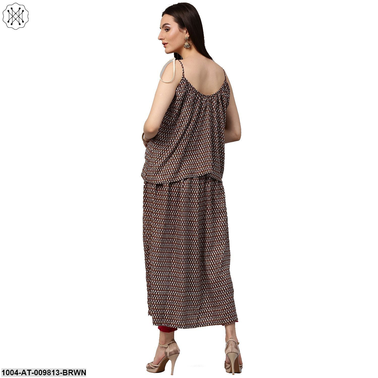 Coffee Brown Printed Sleeveless Cotton Anarkali Kurta - Image 3