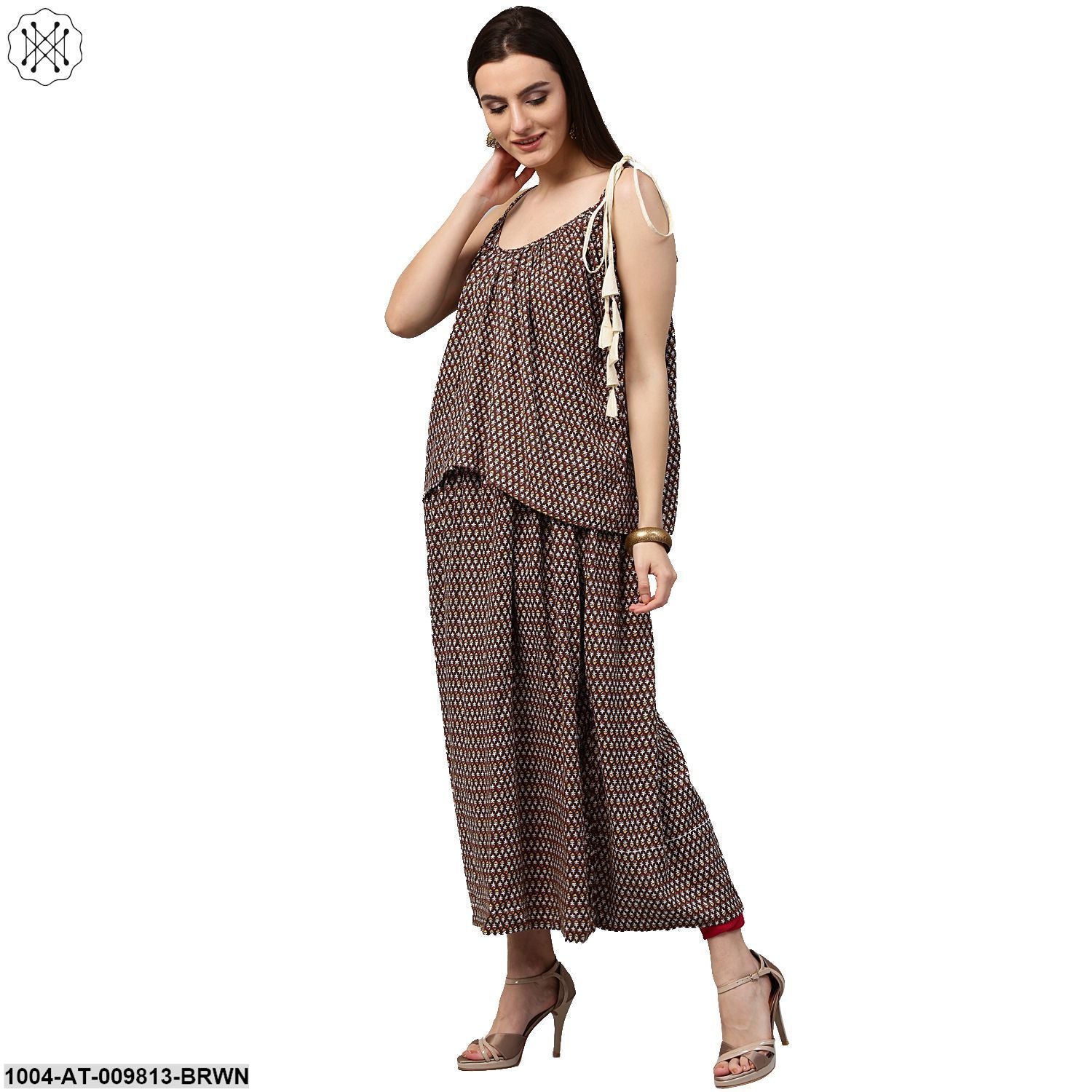Coffee Brown Printed Sleeveless Cotton Anarkali Kurta - Image 4