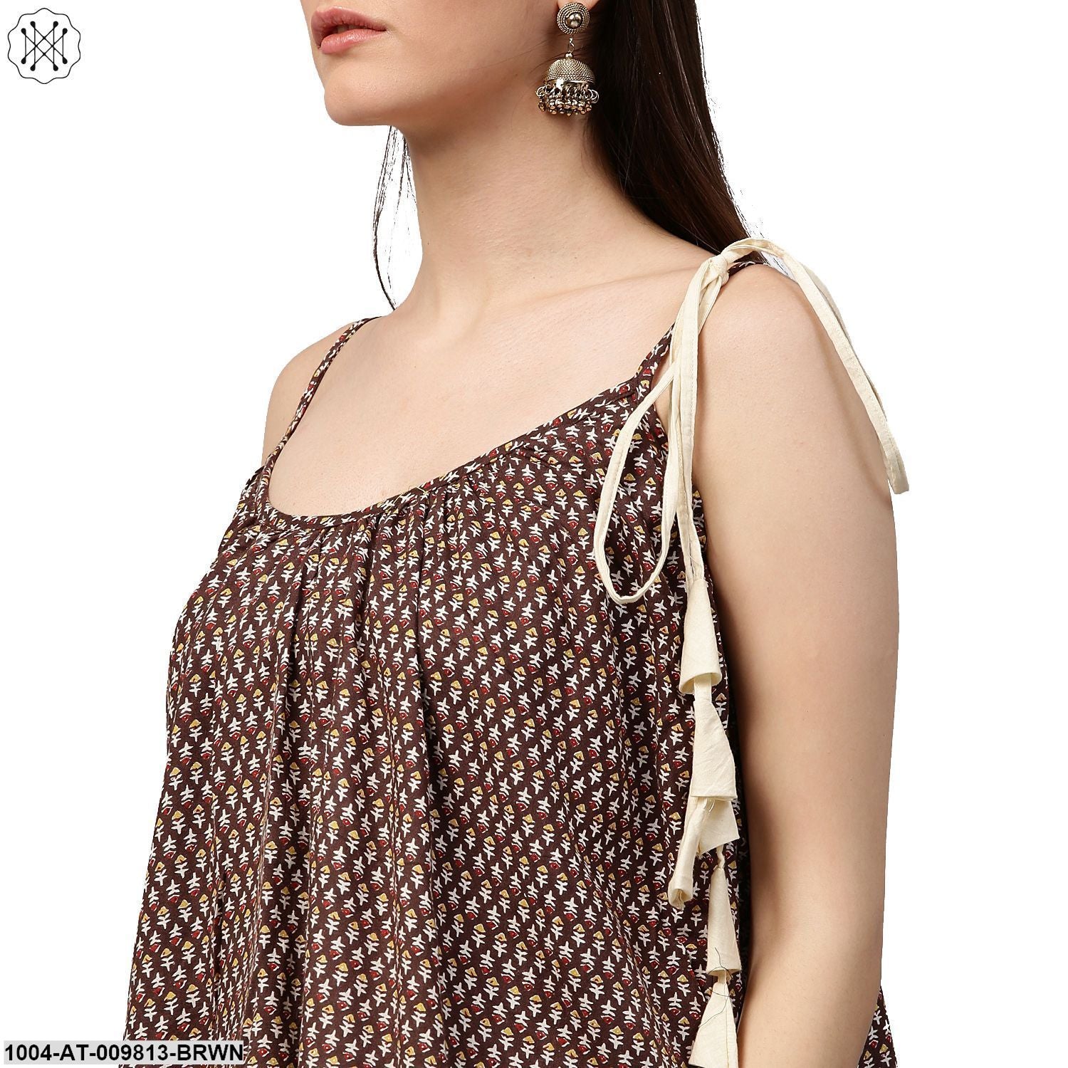 Coffee Brown Printed Sleeveless Cotton Anarkali Kurta - Image 5