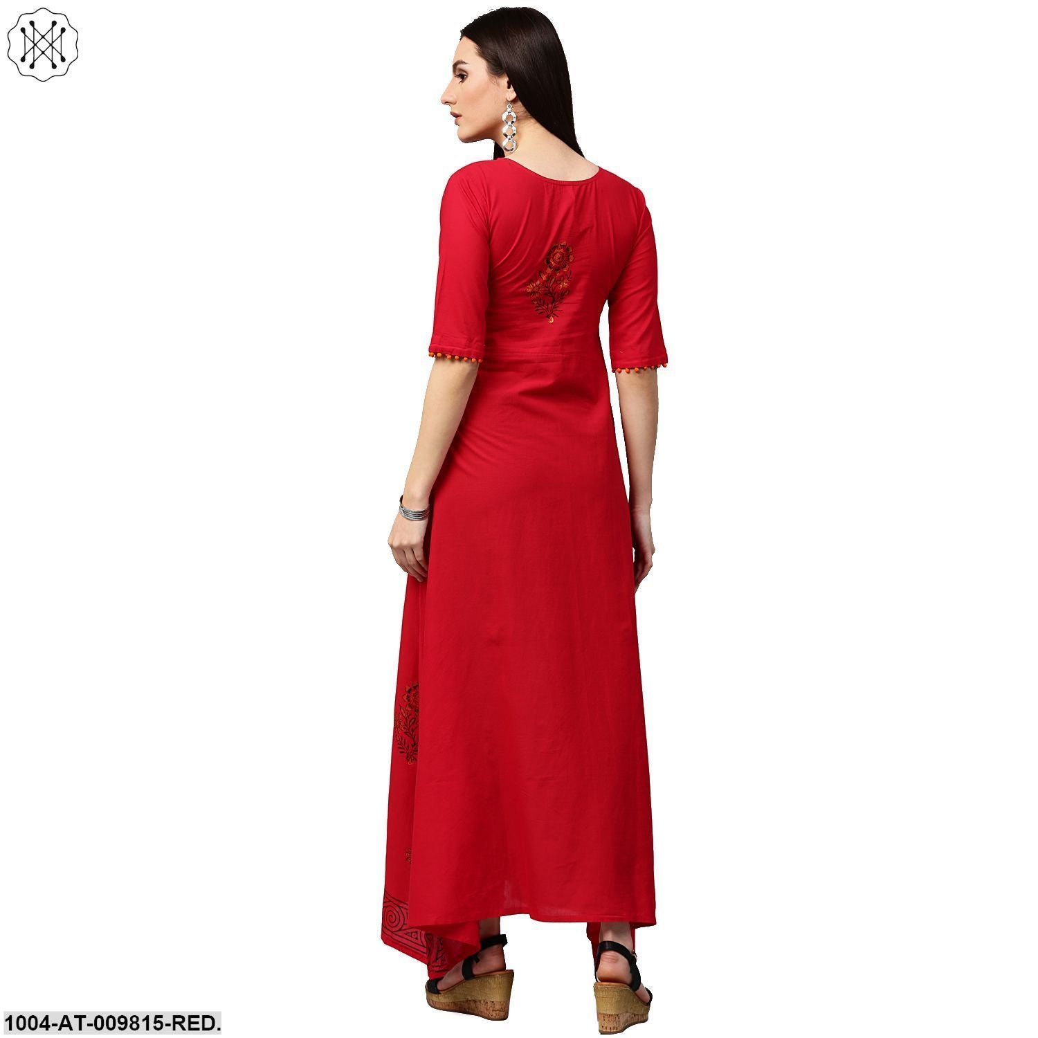 Red Block Print Half Sleeve Cotton A-Line Kurta - Image 2
