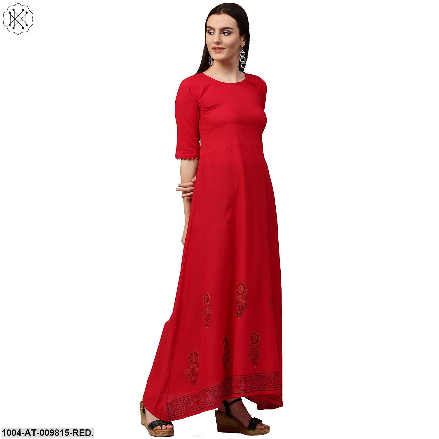 Red Block Print Half Sleeve Cotton A-Line Kurta - Image 3