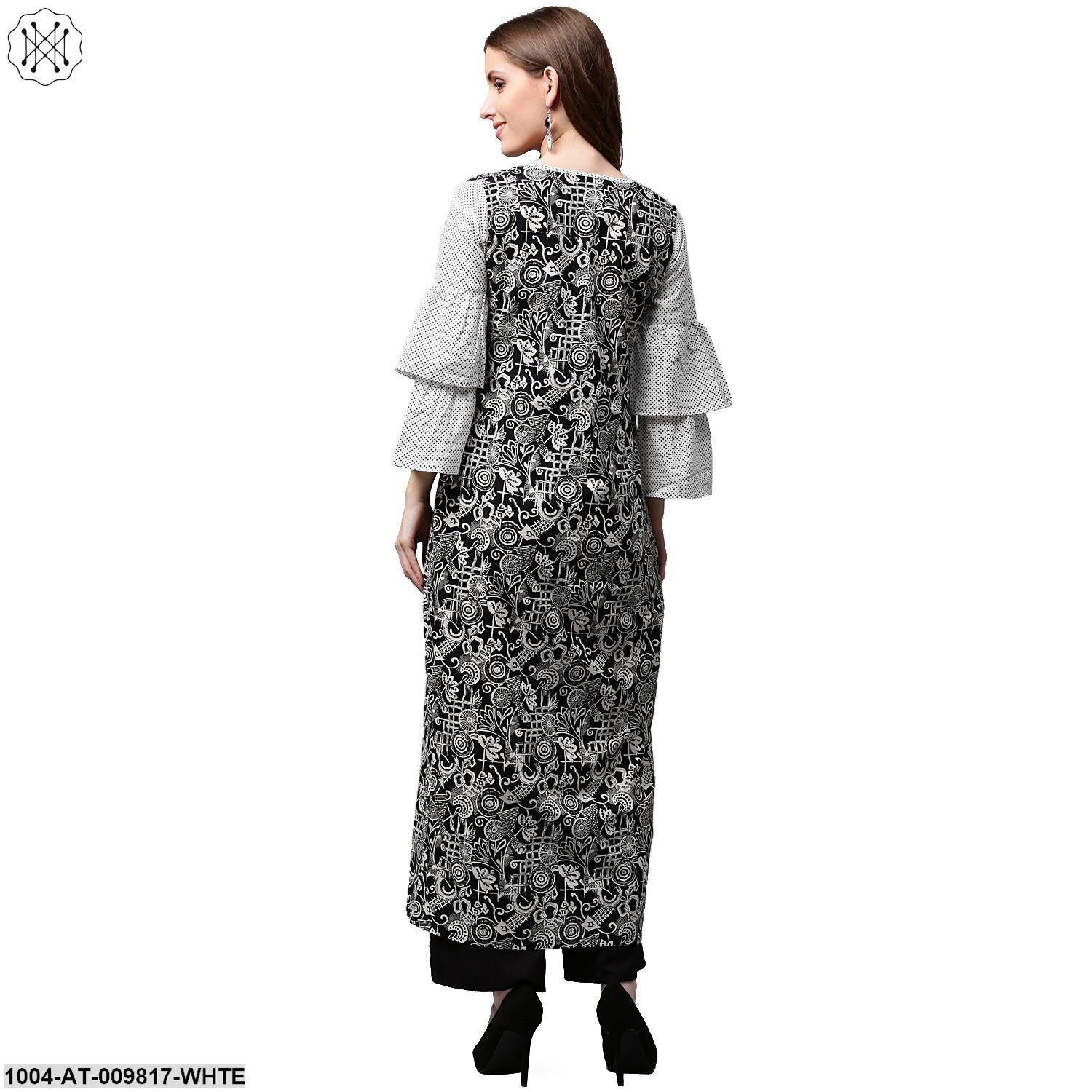White Printed 3/4Th Sleeve Cotton A-Line Kurta With Black Printed Jacket - Image 2