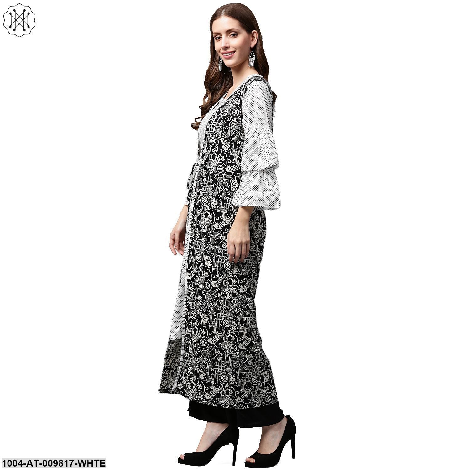 White Printed 3/4Th Sleeve Cotton A-Line Kurta With Black Printed Jacket - Image 3