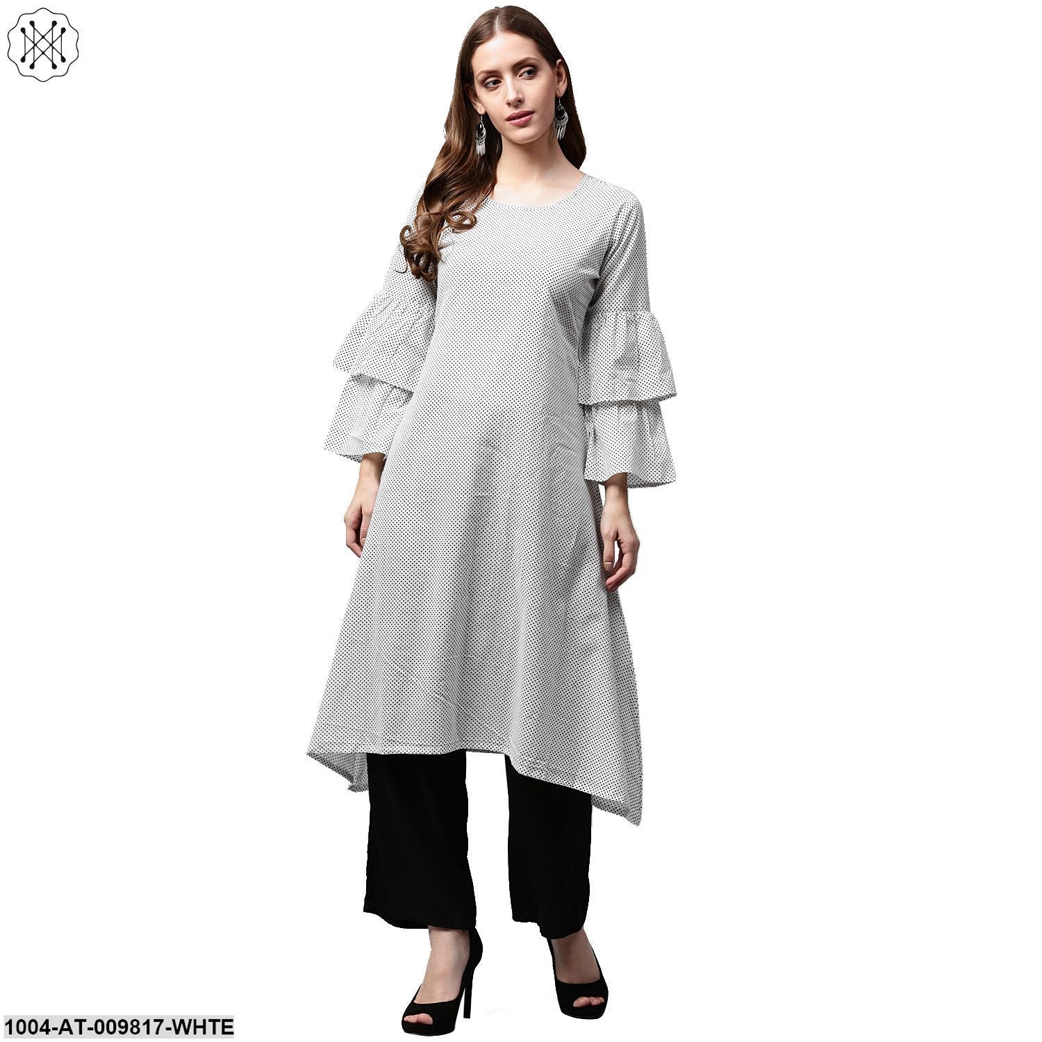 White Printed 3/4Th Sleeve Cotton A-Line Kurta With Black Printed Jacket - Image 4