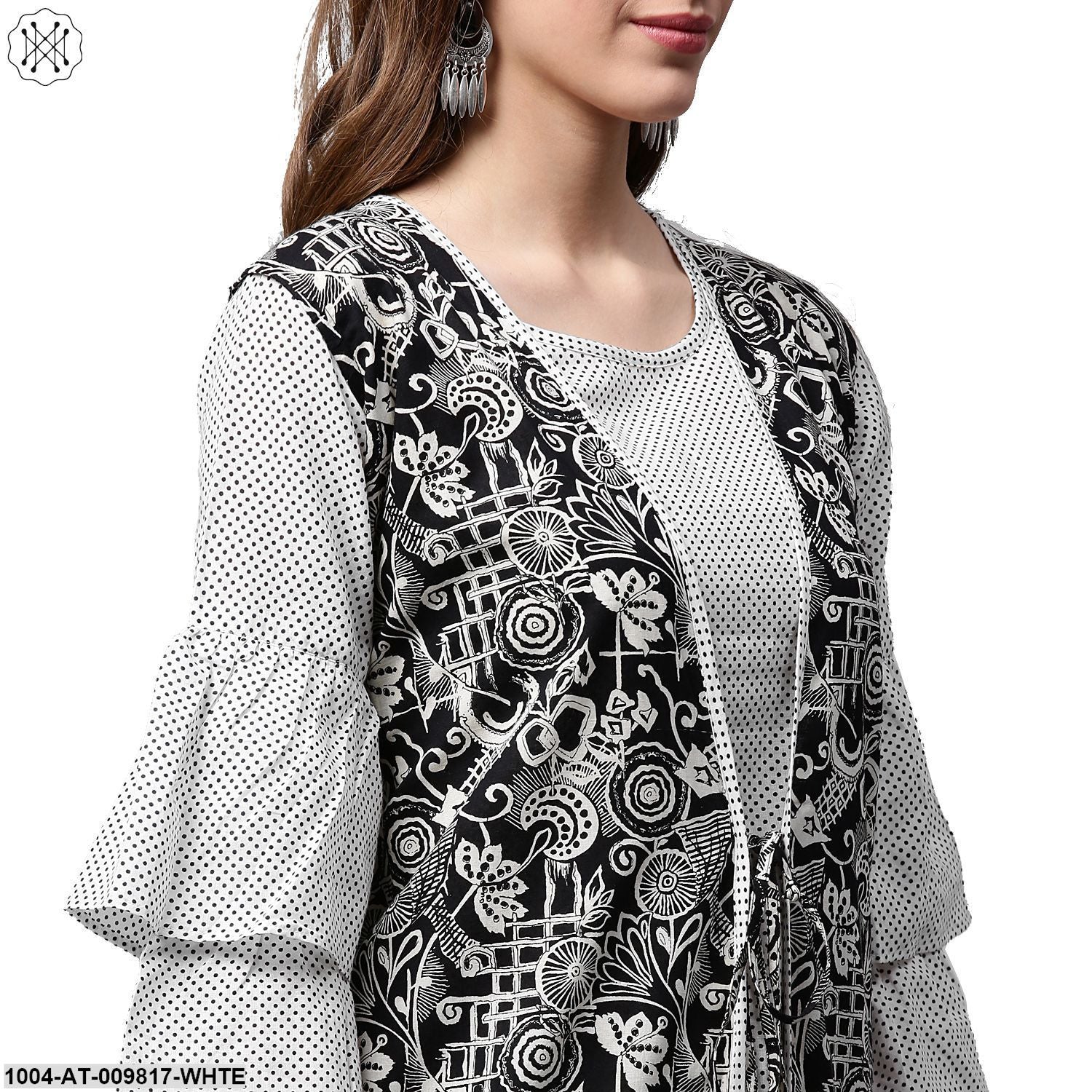 White Printed 3/4Th Sleeve Cotton A-Line Kurta With Black Printed Jacket - Image 5