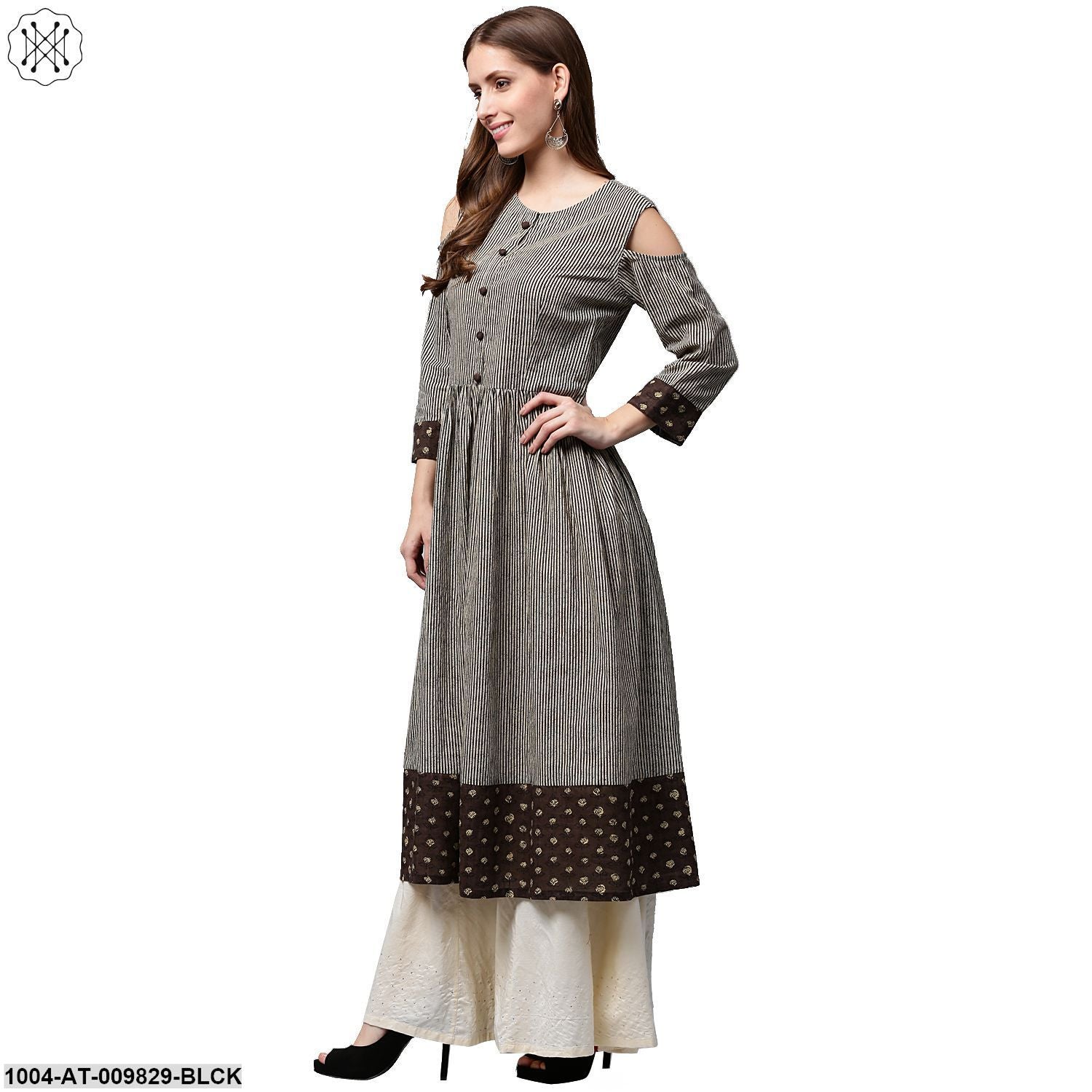 Black Printed 3/4Th Sleeve Cotton Anarkali Kurta - Image 4
