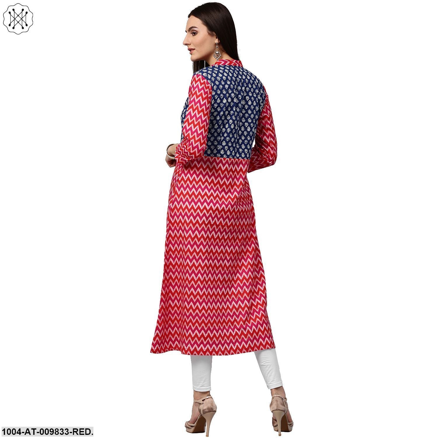 Red & Blue Printed 3/4Th Sleeve Cotton A-Line Kurta - Image 2