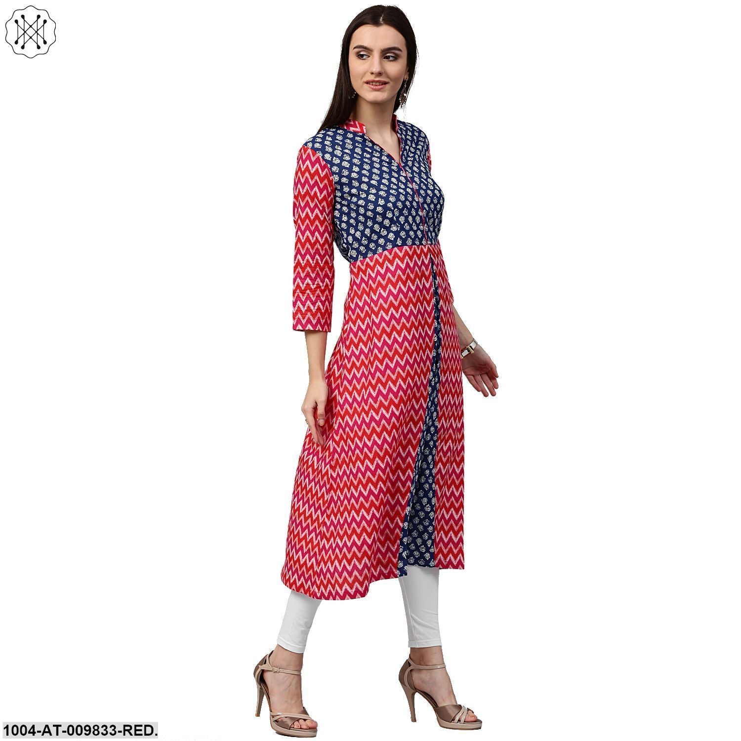 Red & Blue Printed 3/4Th Sleeve Cotton A-Line Kurta - Image 3