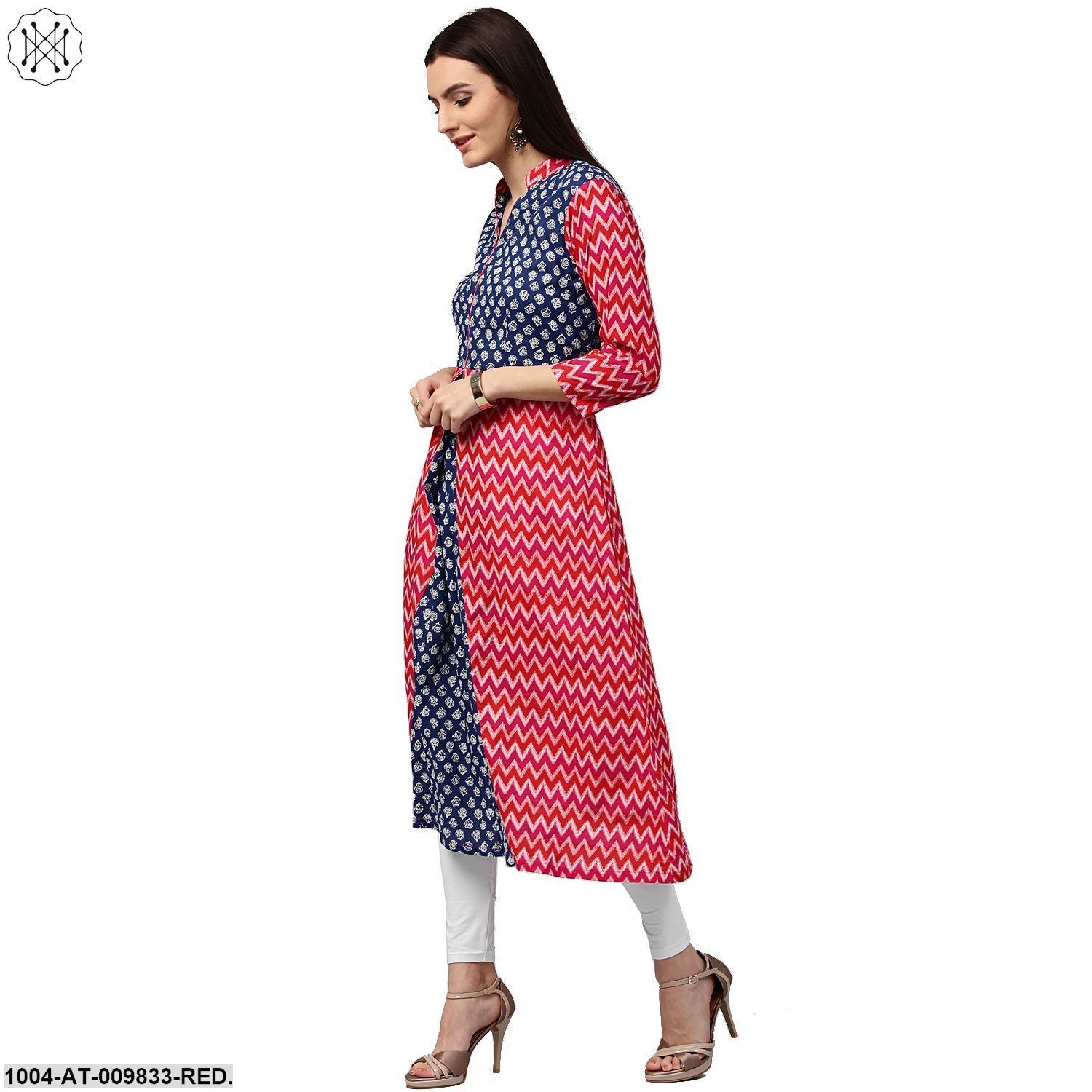 Red & Blue Printed 3/4Th Sleeve Cotton A-Line Kurta - Image 4