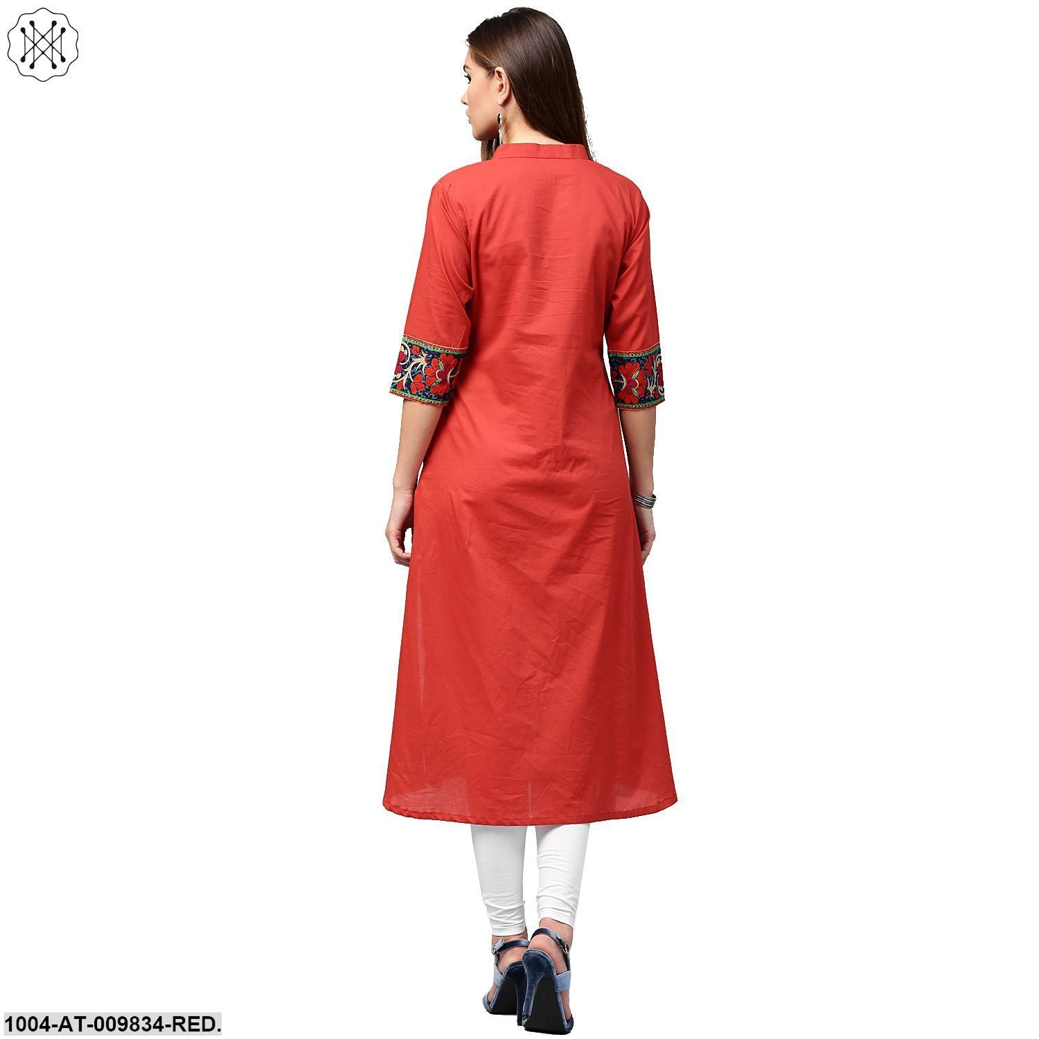 Red 3/4Th Sleeve Cotton A-Line Kurta With Printed Yoke - Image 2