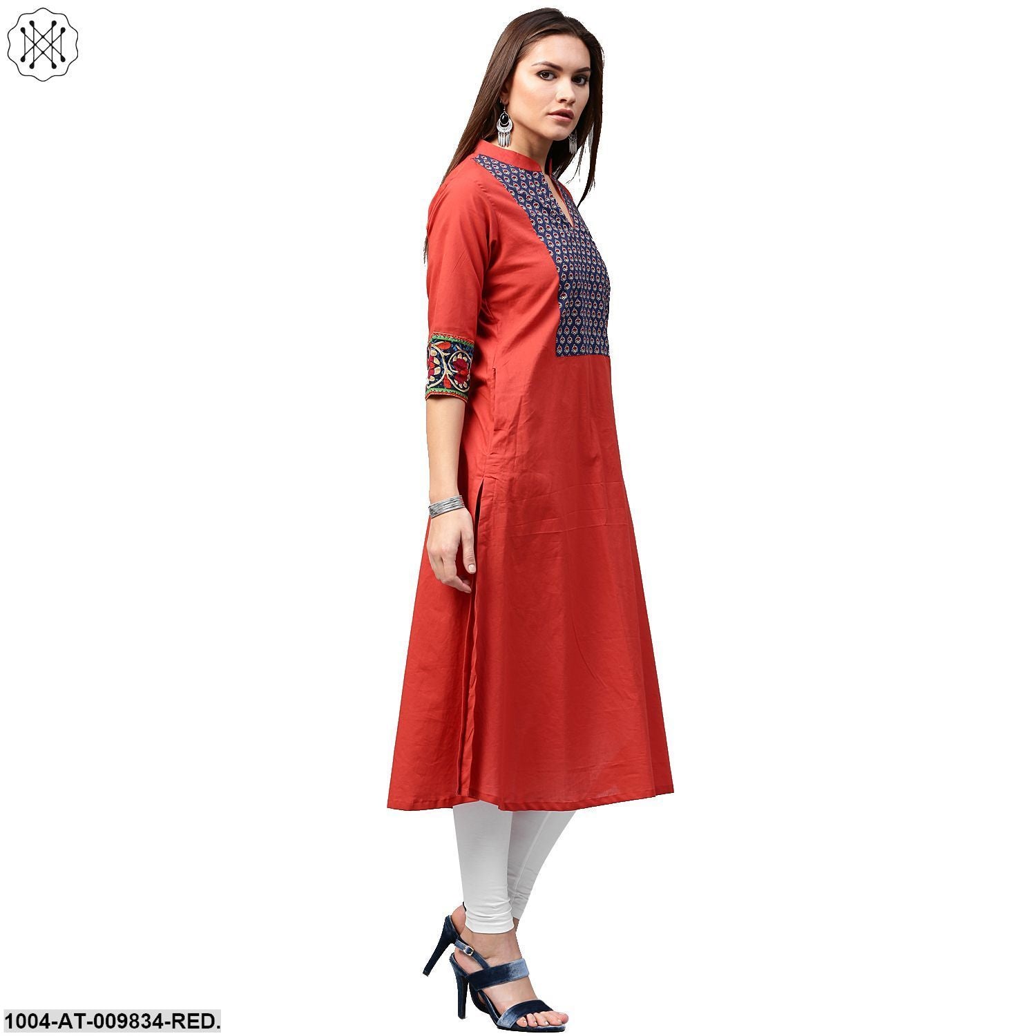 Red 3/4Th Sleeve Cotton A-Line Kurta With Printed Yoke - Image 3