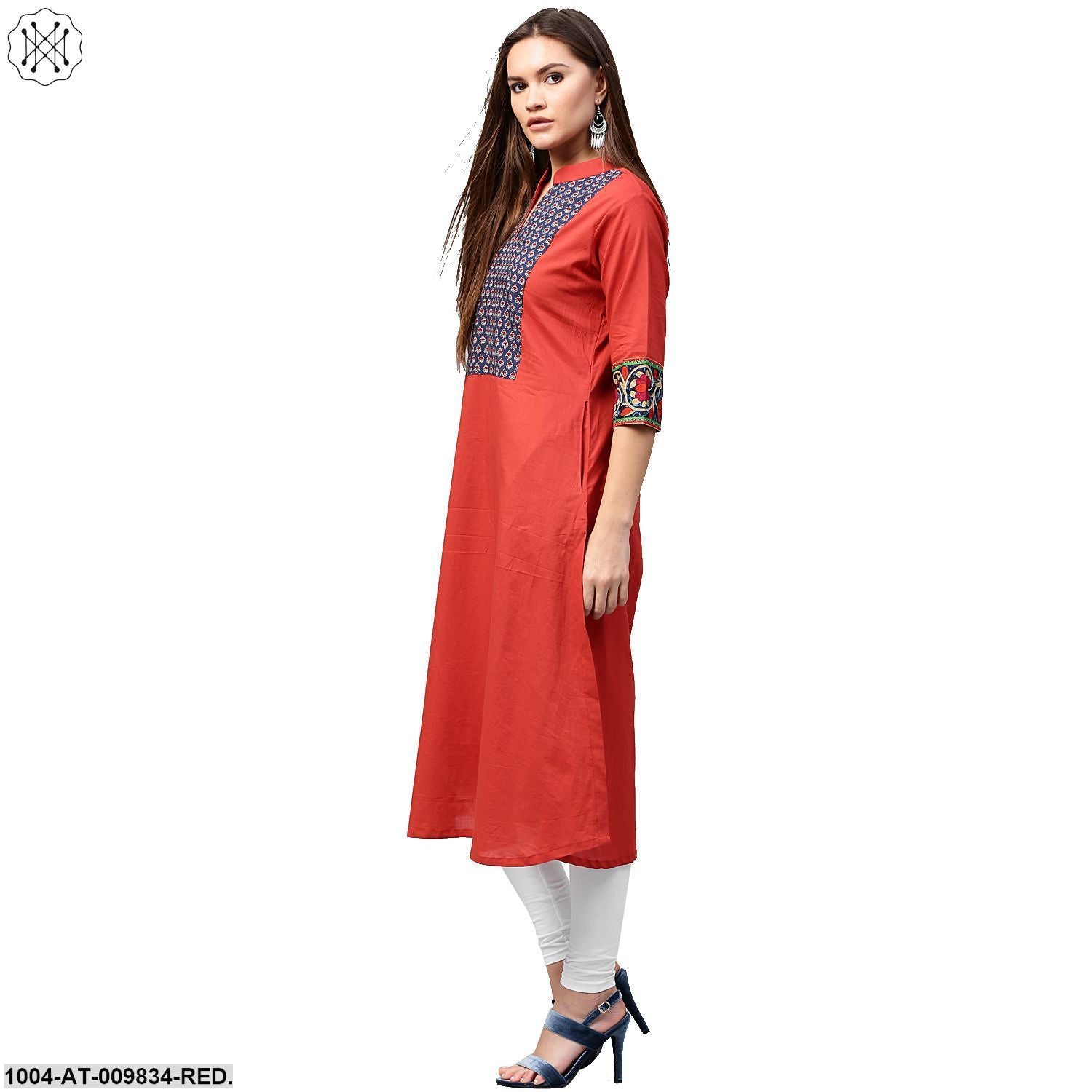 Red 3/4Th Sleeve Cotton A-Line Kurta With Printed Yoke - Image 4