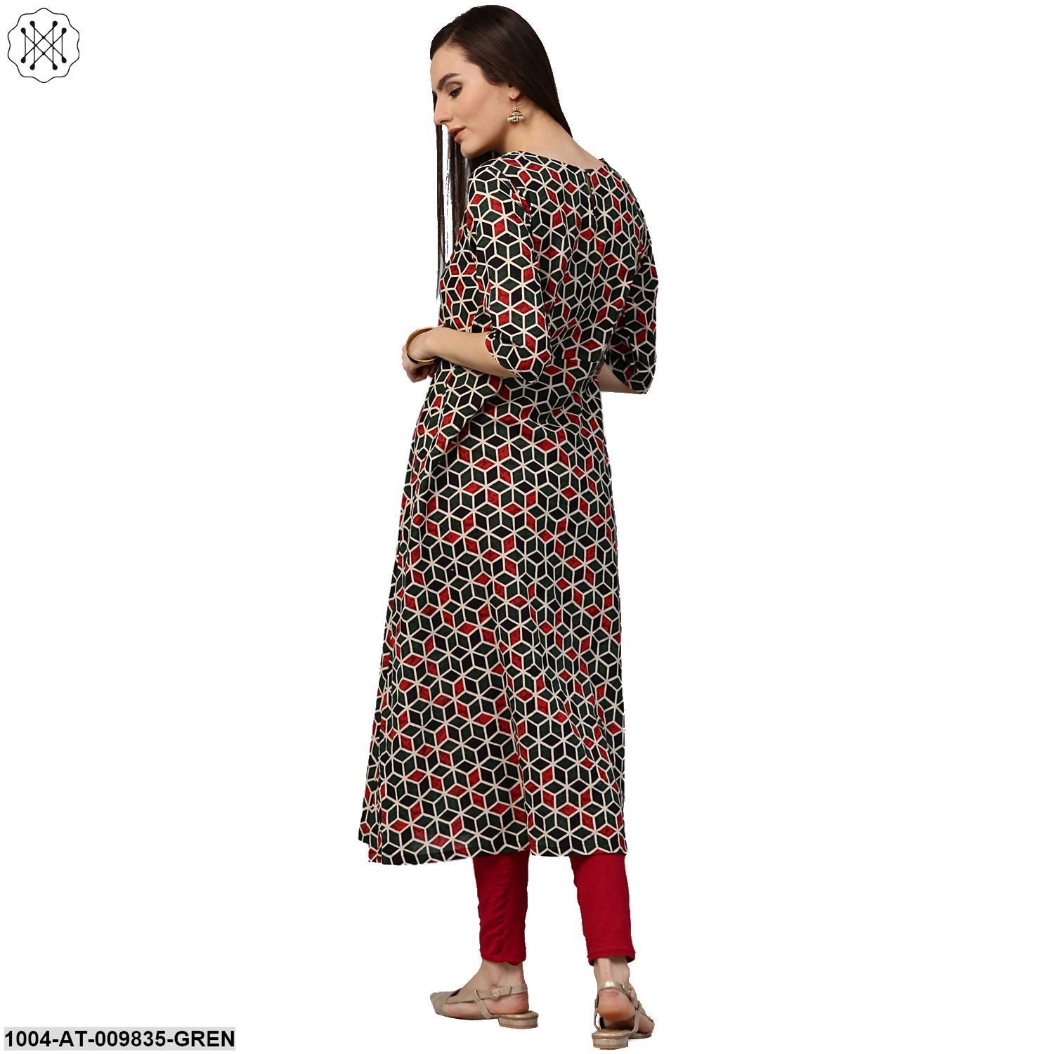 Green Printed 3/4Th Sleeve Cotton A-Line Kurta - Image 2