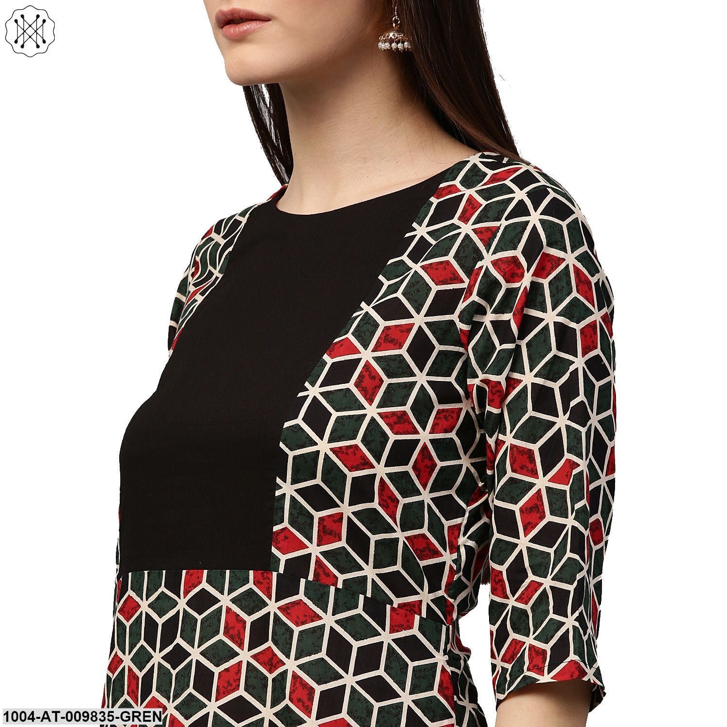 Green Printed 3/4Th Sleeve Cotton A-Line Kurta - Image 5