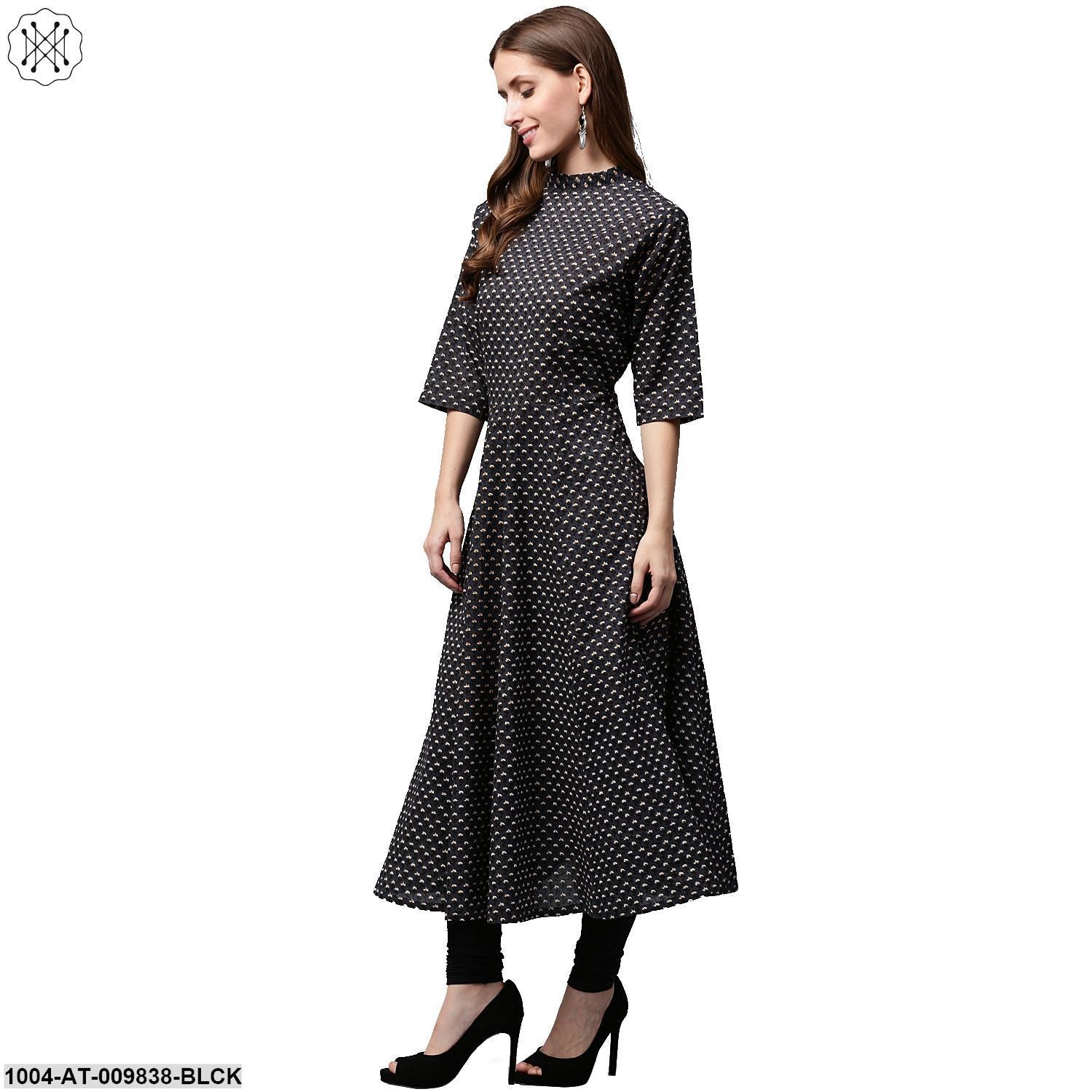 Black Printed 3/4Th Sleeve Cotton Anarkali Kurta - Image 4