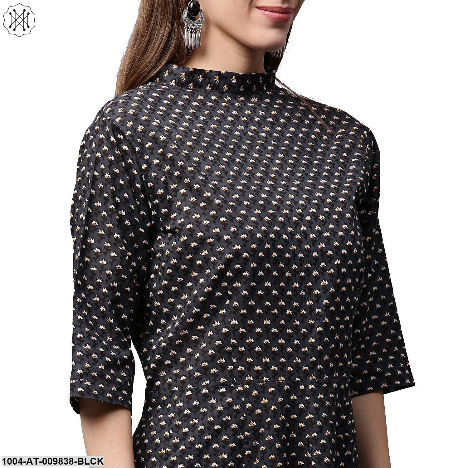 Black Printed 3/4Th Sleeve Cotton Anarkali Kurta - Image 5