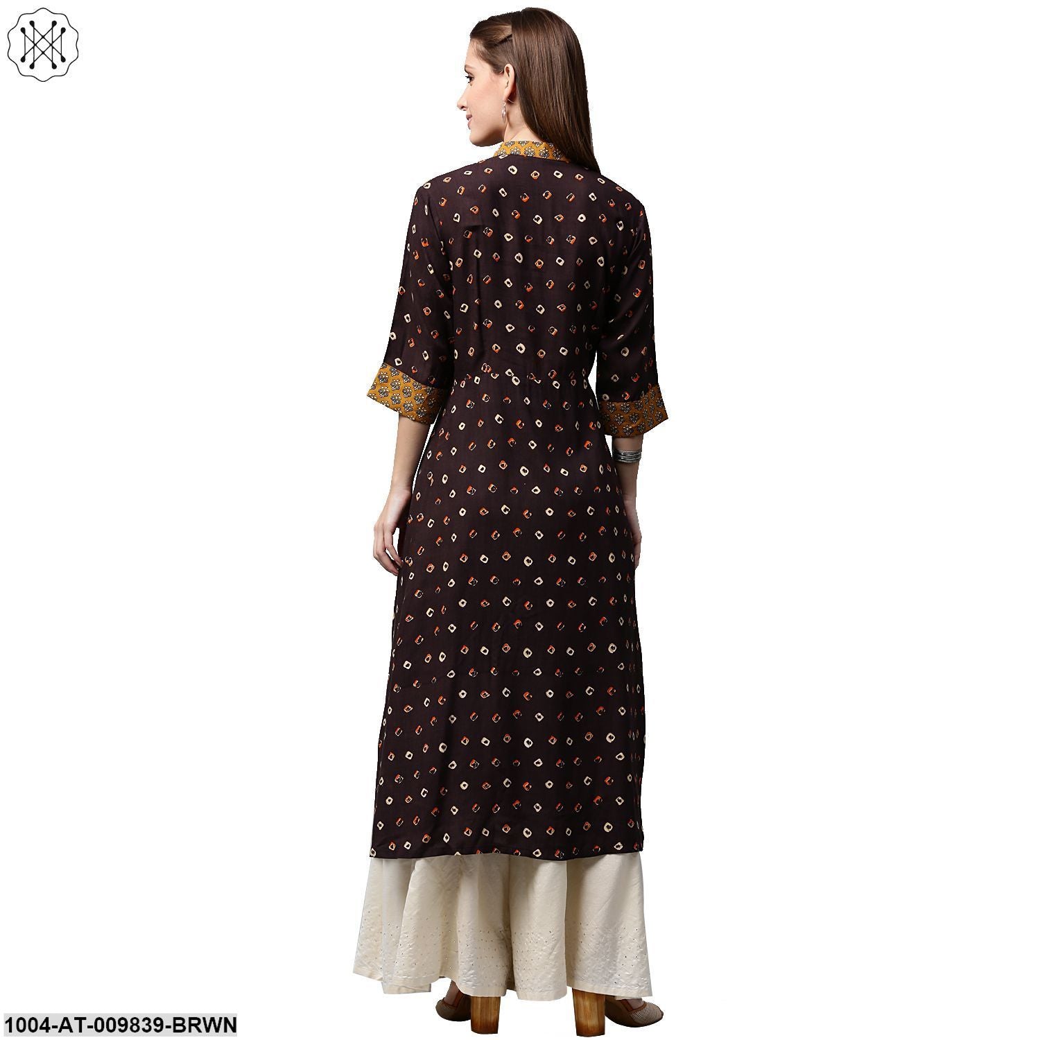 Coffee Brown Printed 3/4Th Sleeve Rayon A-Line Kurta - Image 3