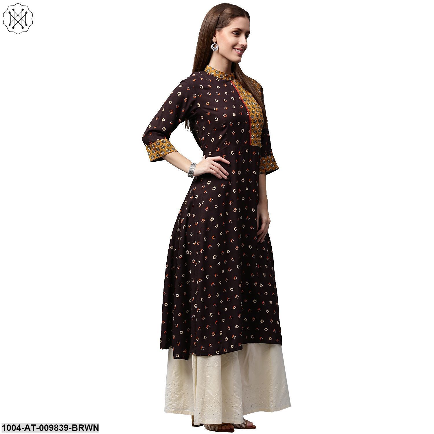 Coffee Brown Printed 3/4Th Sleeve Rayon A-Line Kurta - Image 2