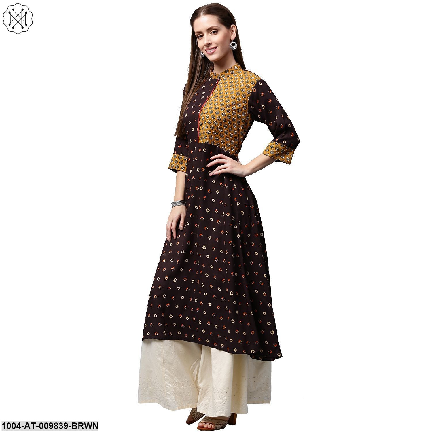 Coffee Brown Printed 3/4Th Sleeve Rayon A-Line Kurta - Image 4