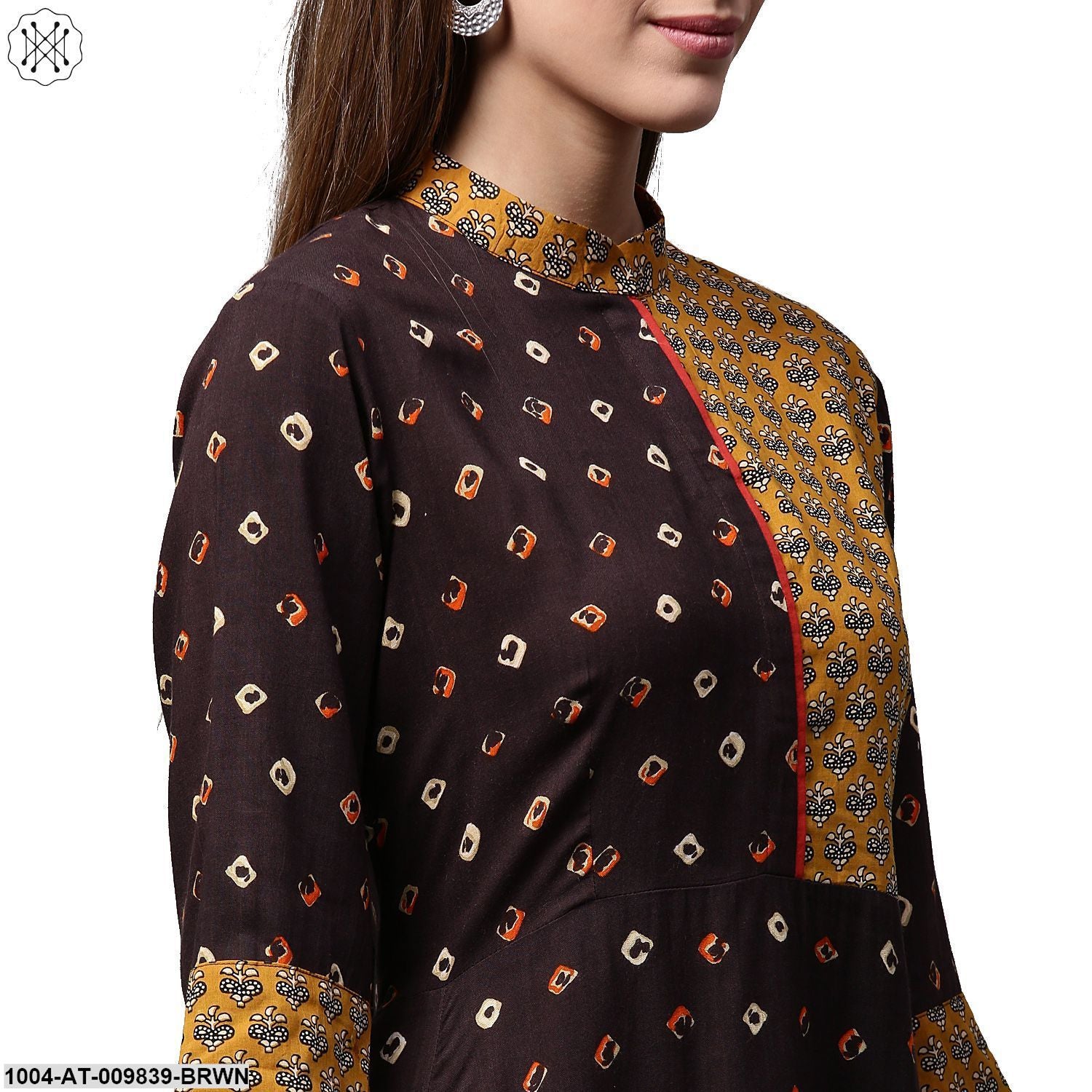 Coffee Brown Printed 3/4Th Sleeve Rayon A-Line Kurta - Image 5