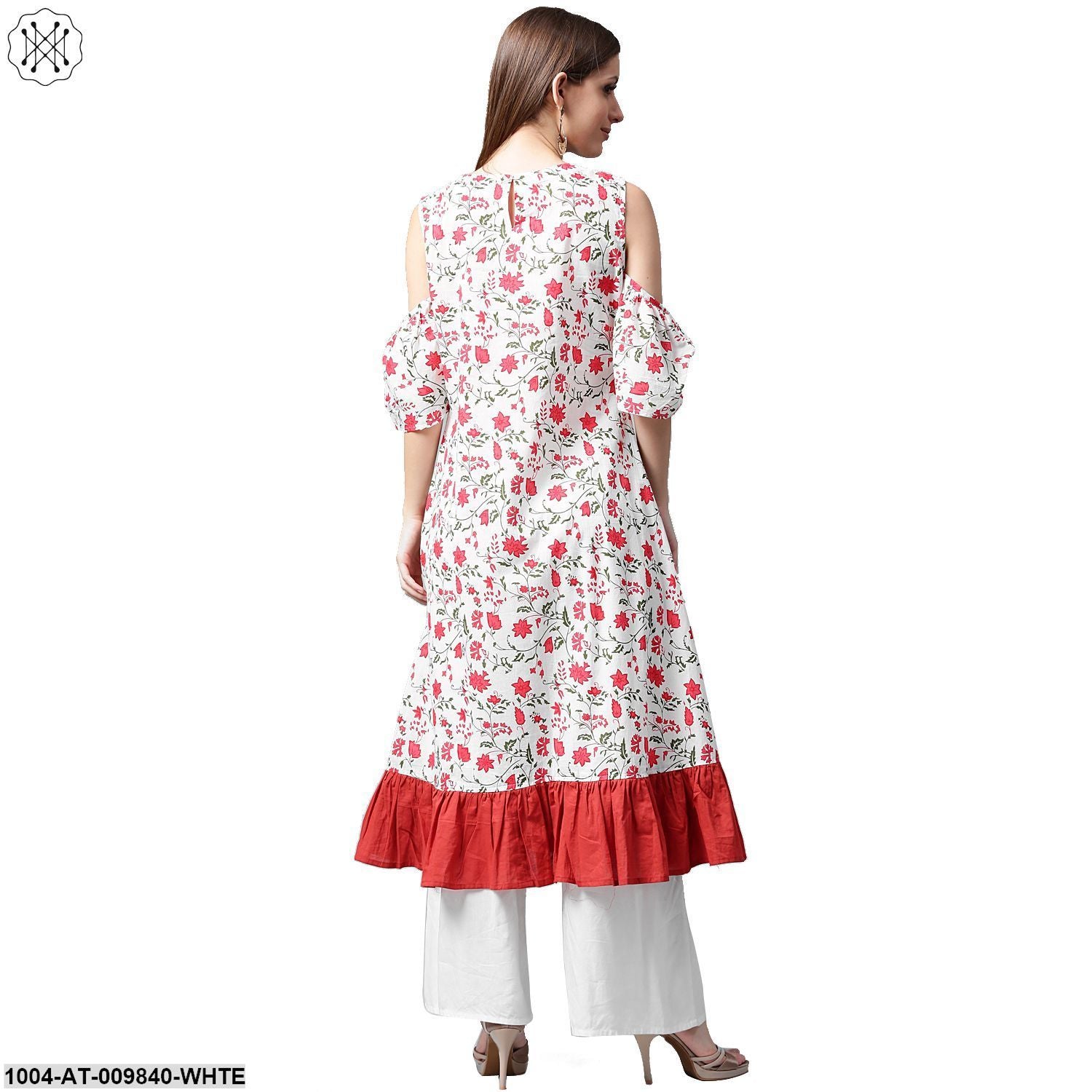 White Flower Printed Half Sleeve Cold Shoulder Cotton A-Line Kurta - Image 2