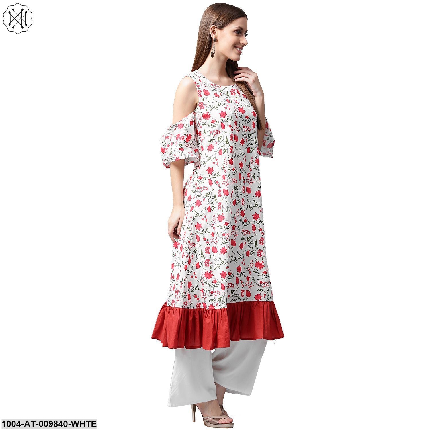 White Flower Printed Half Sleeve Cold Shoulder Cotton A-Line Kurta - Image 3